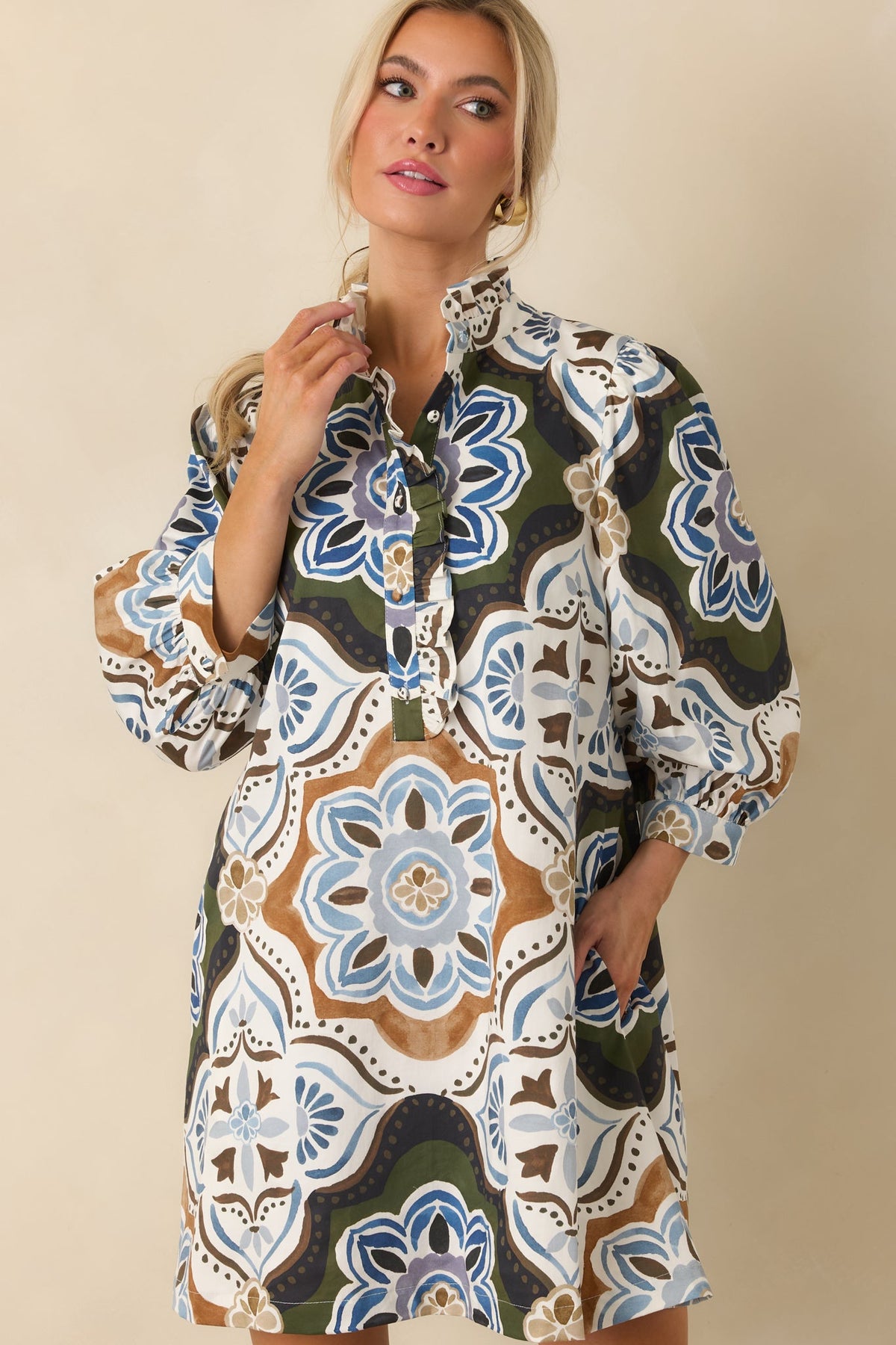 Prosperina Maren Olive Multi Medallion Print Cotton Mini Dress