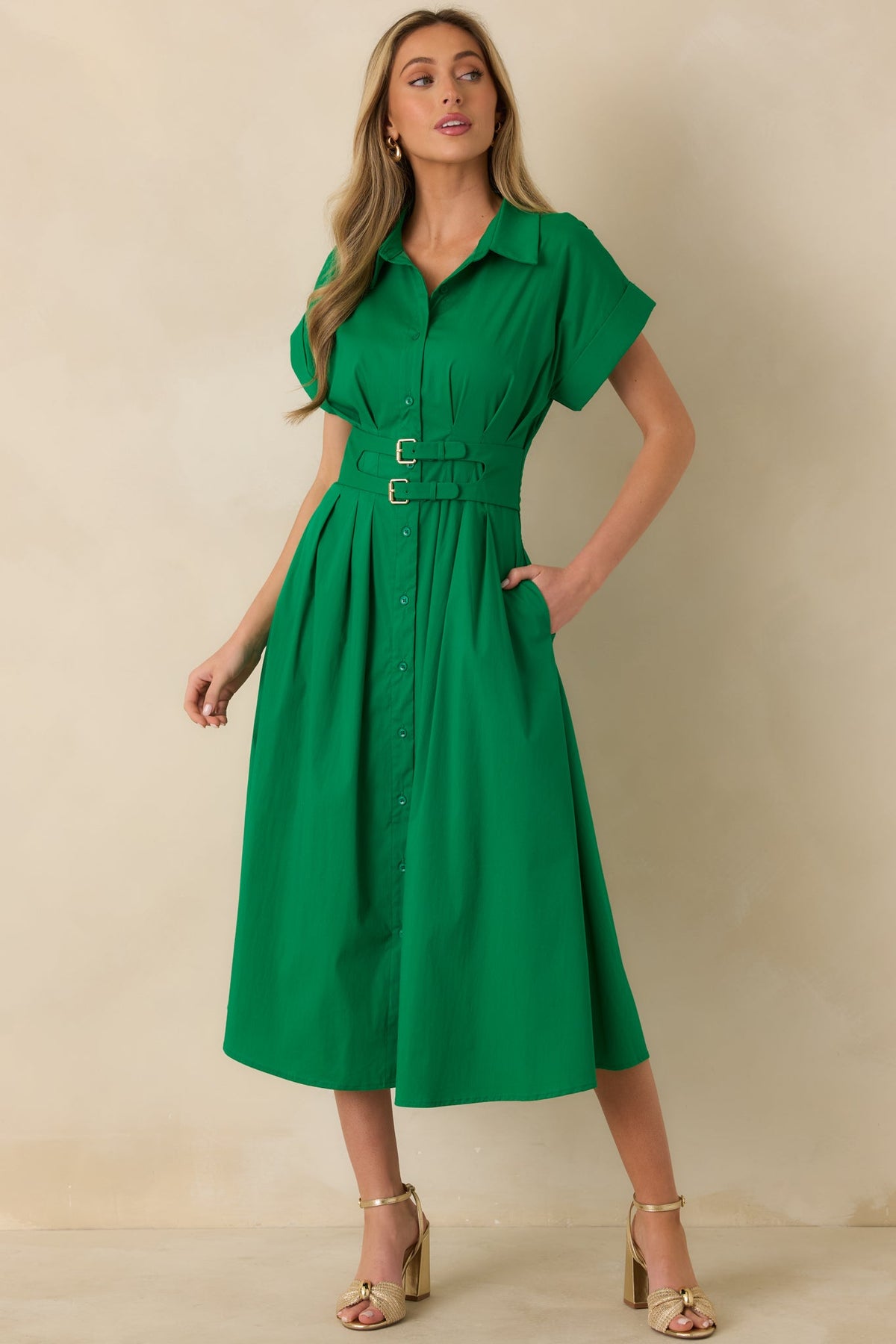 Right Where You’re Meant to Be Green Belted Button Front Midi Dress