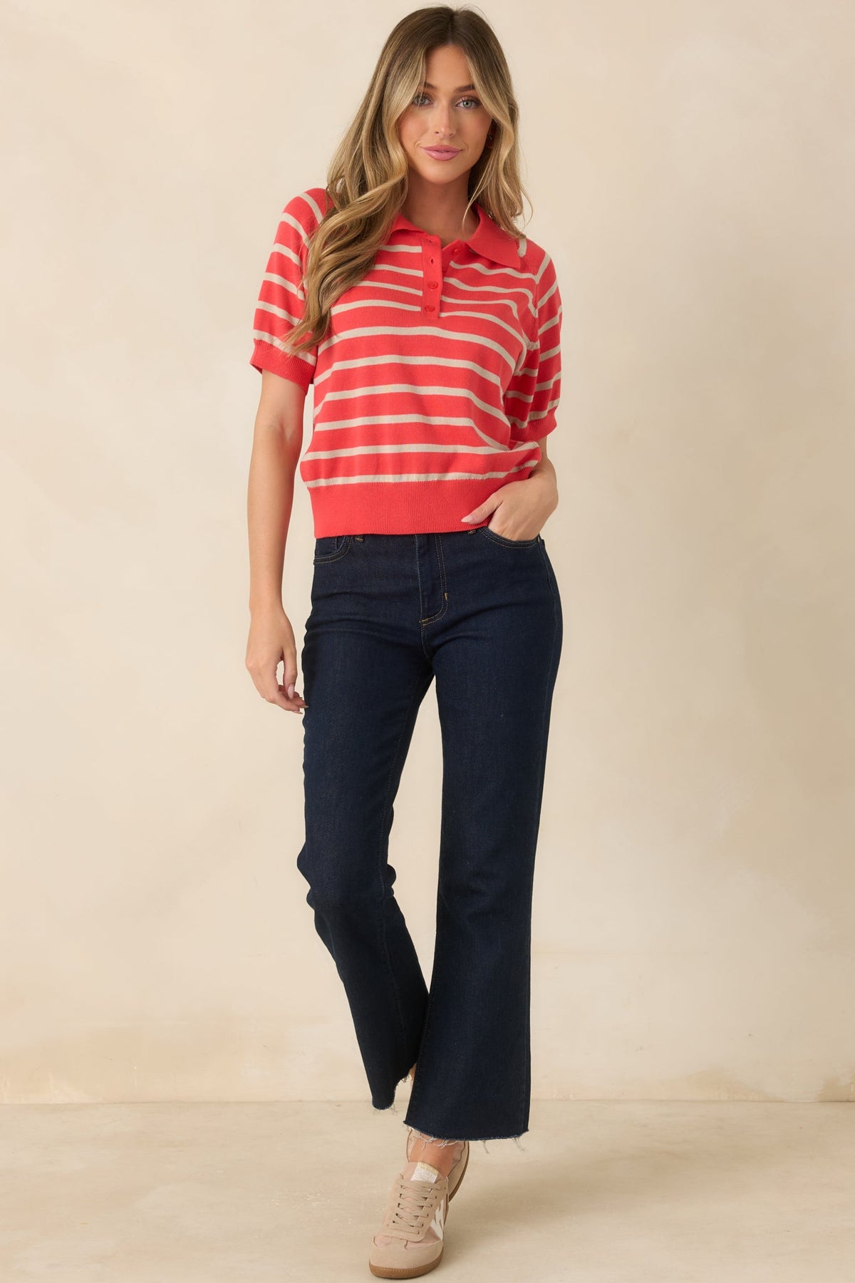Worth Repeating Coral Red & Beige Striped Knit Polo Top