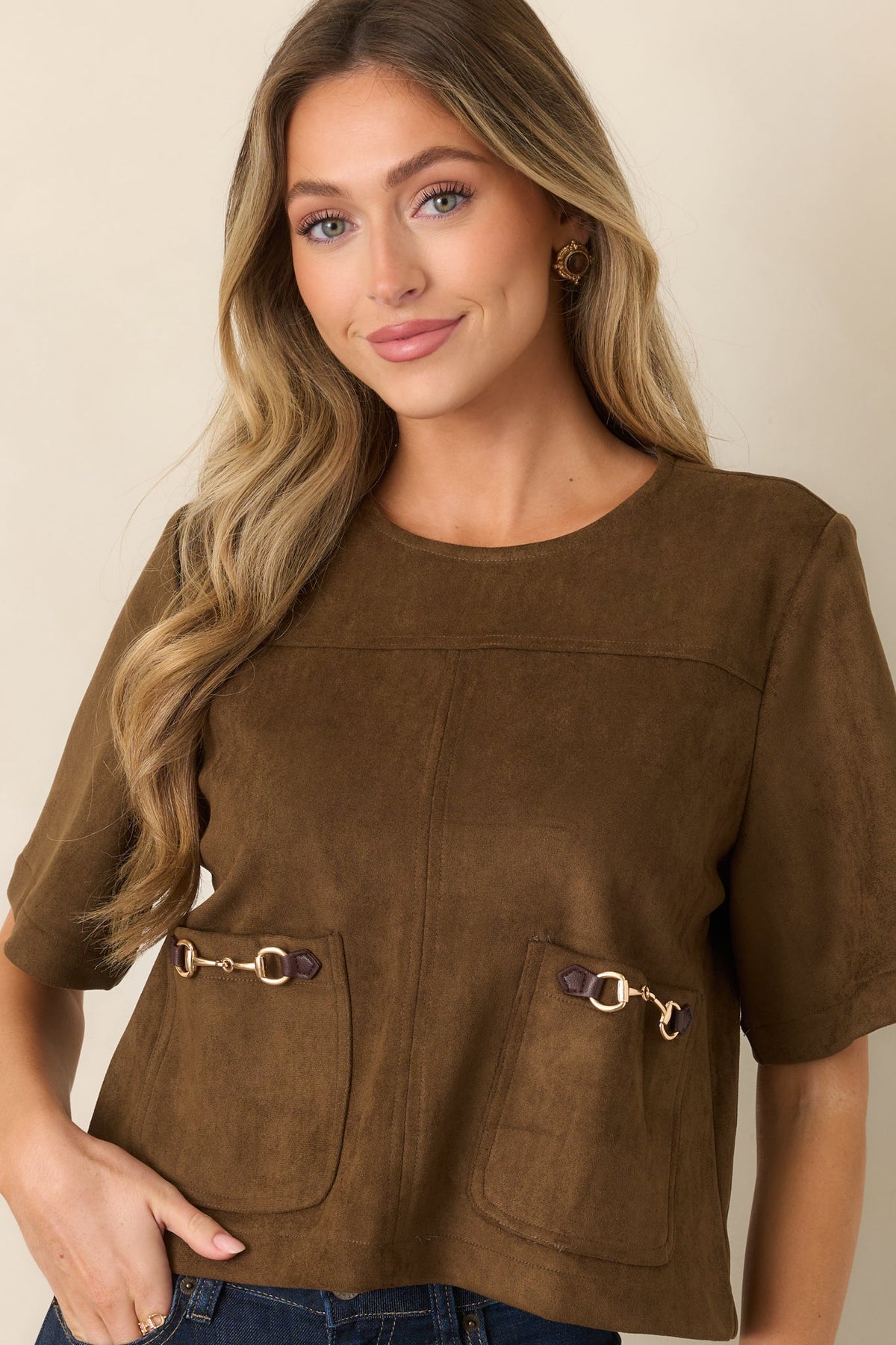 Take the Reins Brown Suede Short Sleeve Pocket Top
