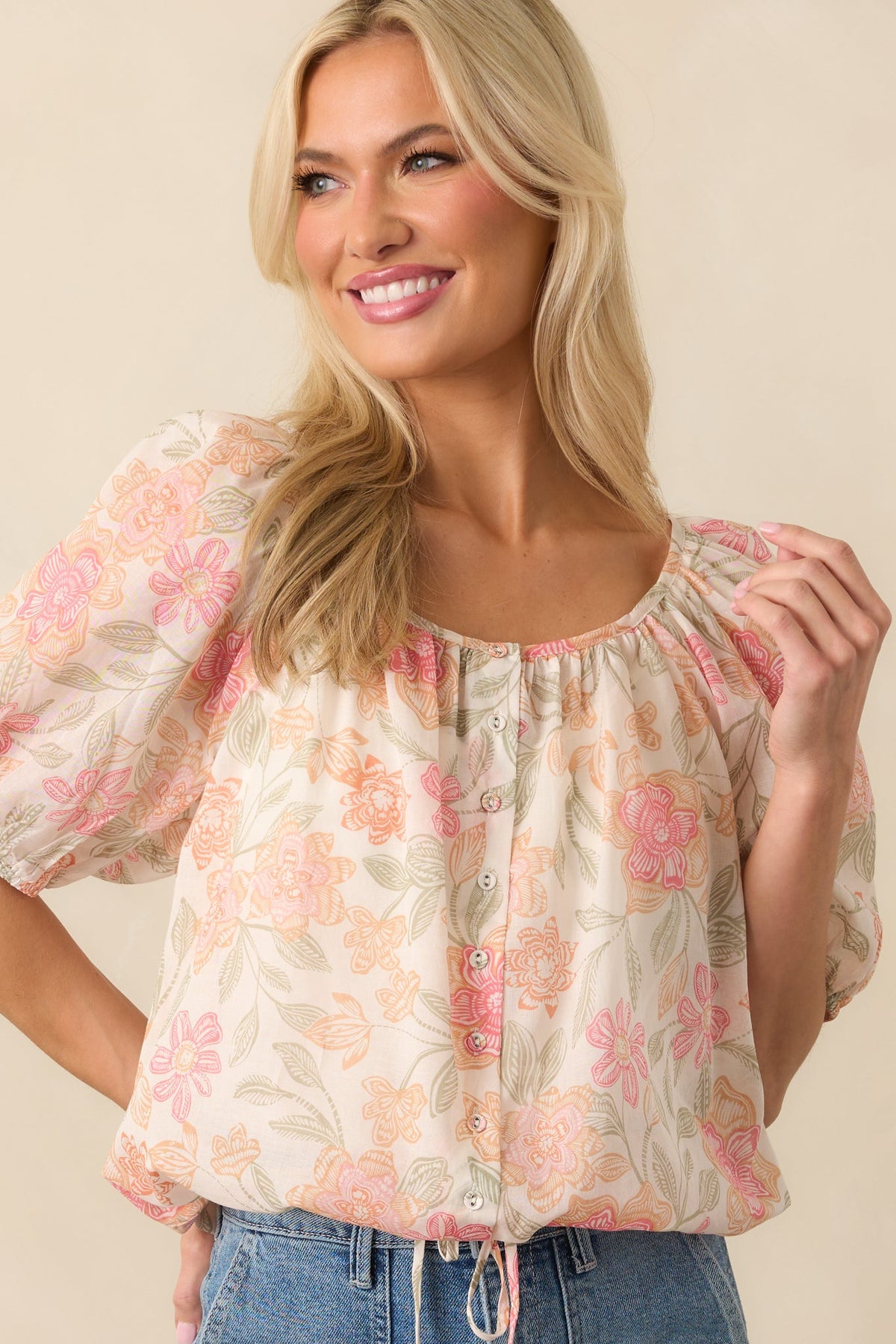 All Good Signs Pink Floral Print Cotton Button Front Top