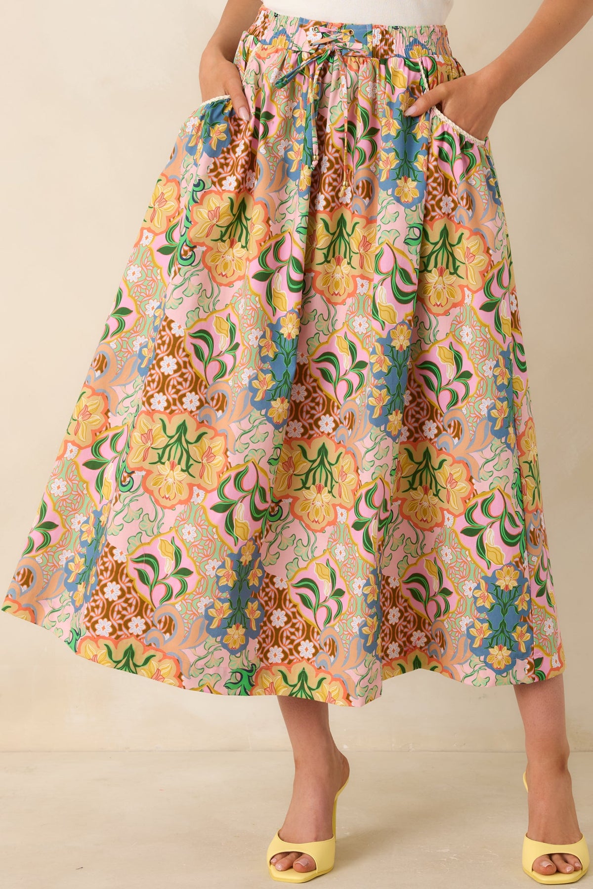 Find Me in Florence Pink Multi Floral Cotton Tie-Front Midi Skirt