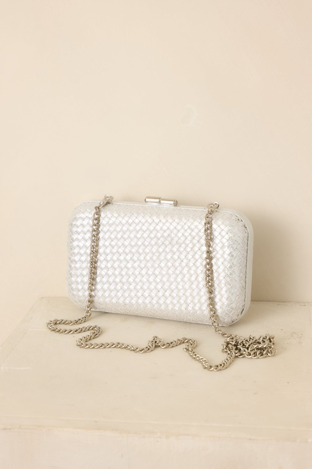 Truth Be Told Silver Metallic Woven Structured Clutch Handbag