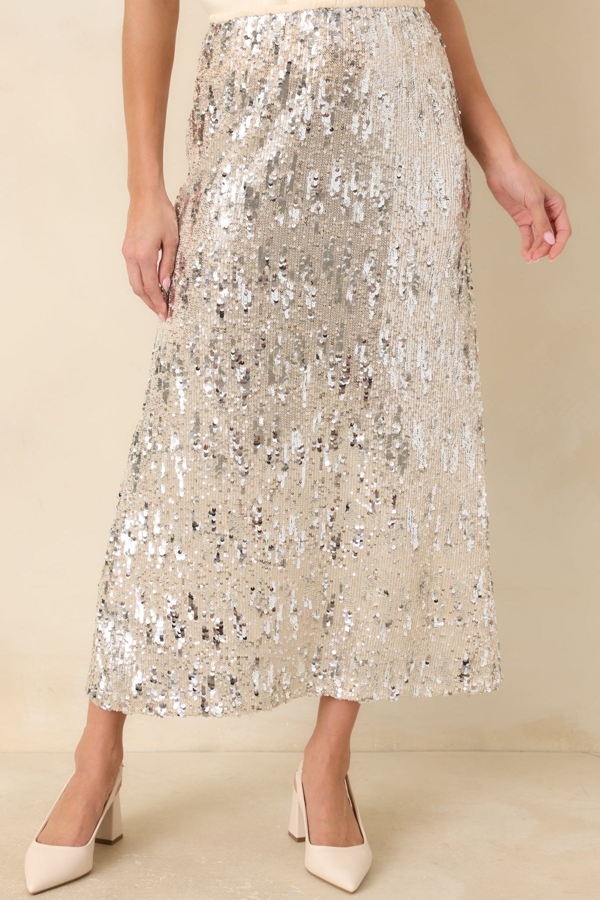 A Sparkling Conversation Silver Sequin Midi Skirt
