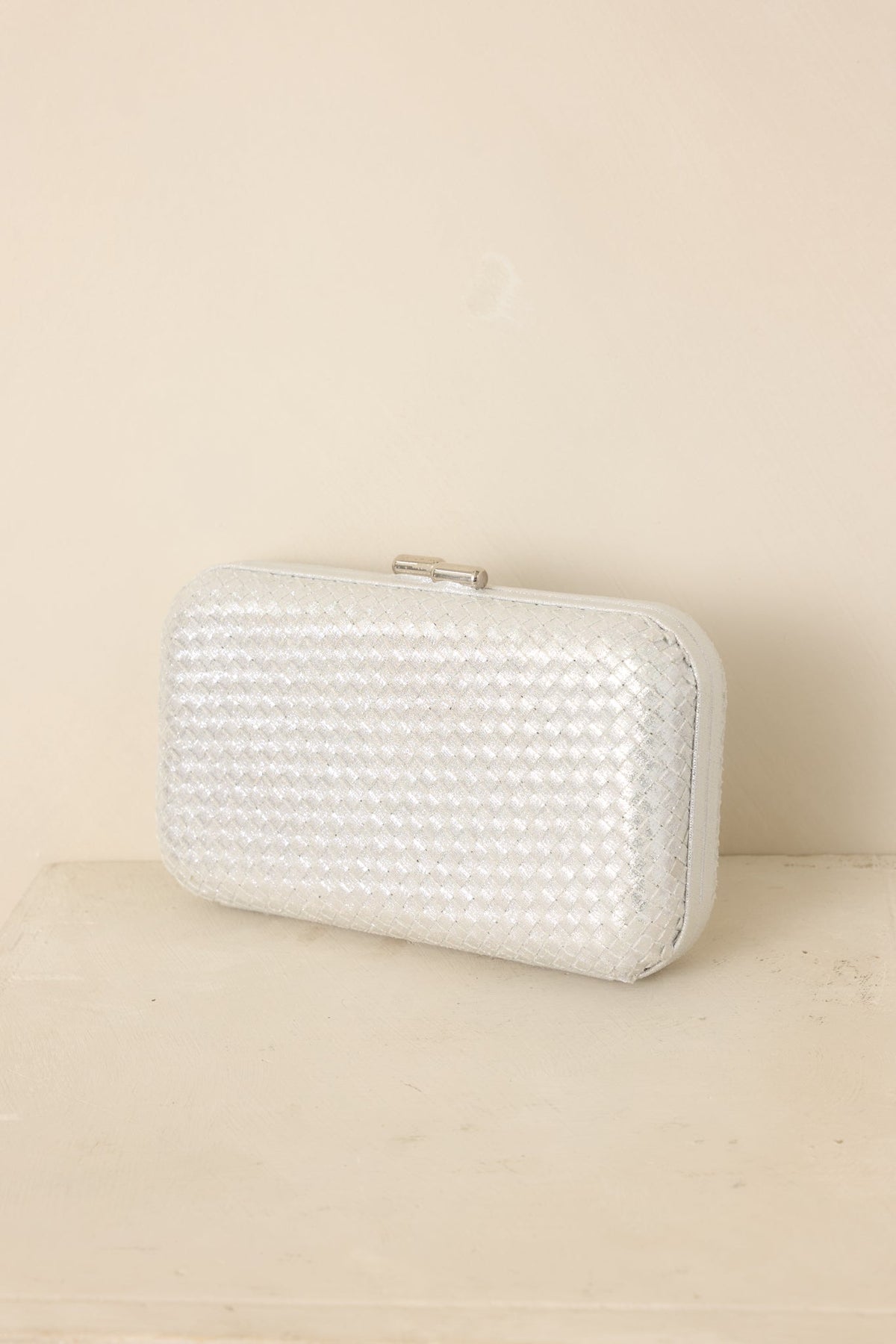 Truth Be Told Silver Metallic Woven Structured Clutch Handbag