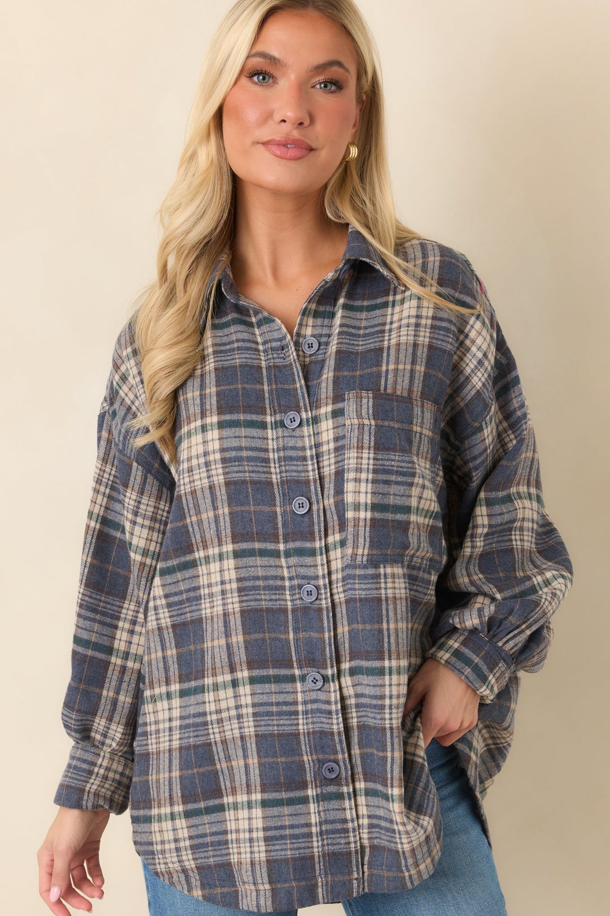 I’ll Put the Coffee On Slate Blue Multi Plaid Cotton Button-Up Shirt