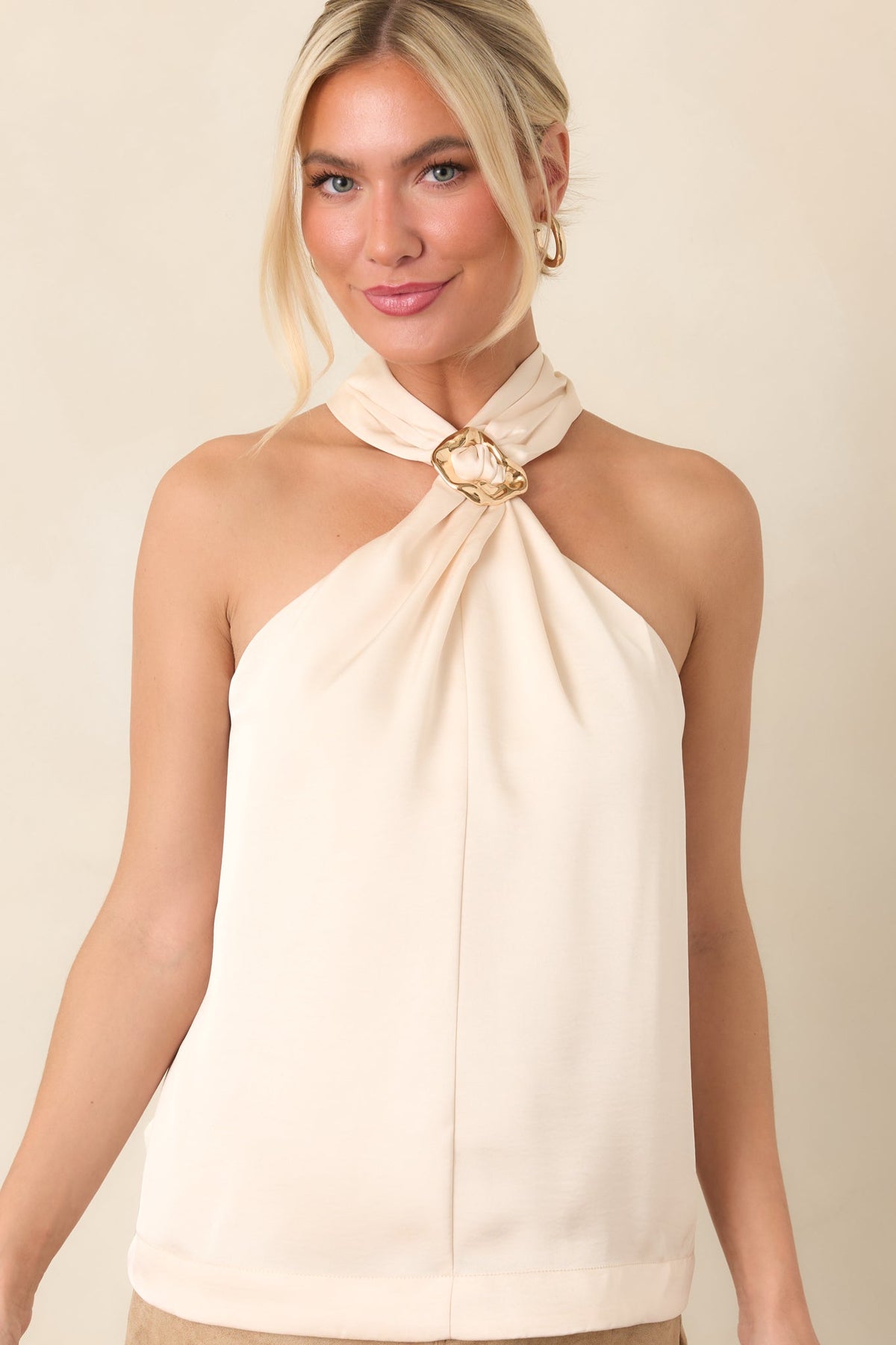 Draped In Myth Ivory Halter Ring Detail Blouse