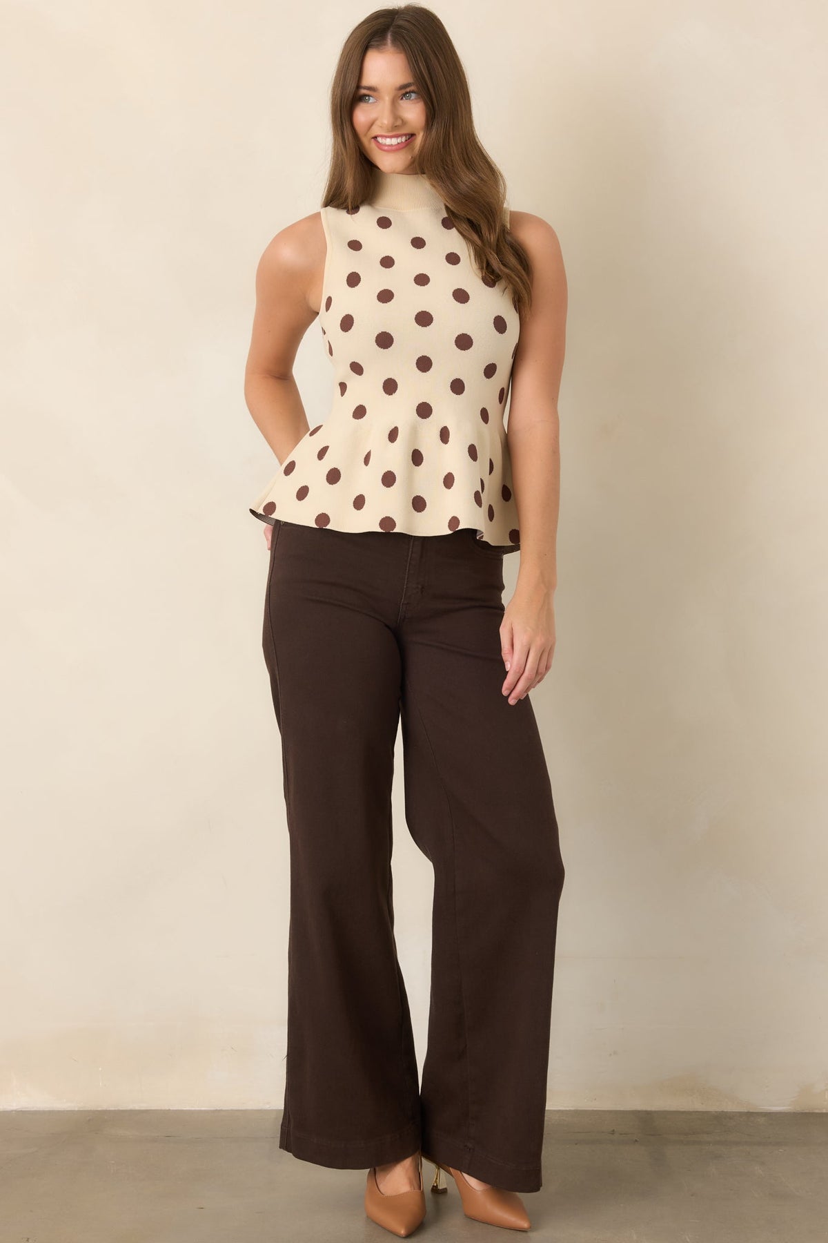 Classic Composition Ecru Polka Dot Peplum Sweater Tank