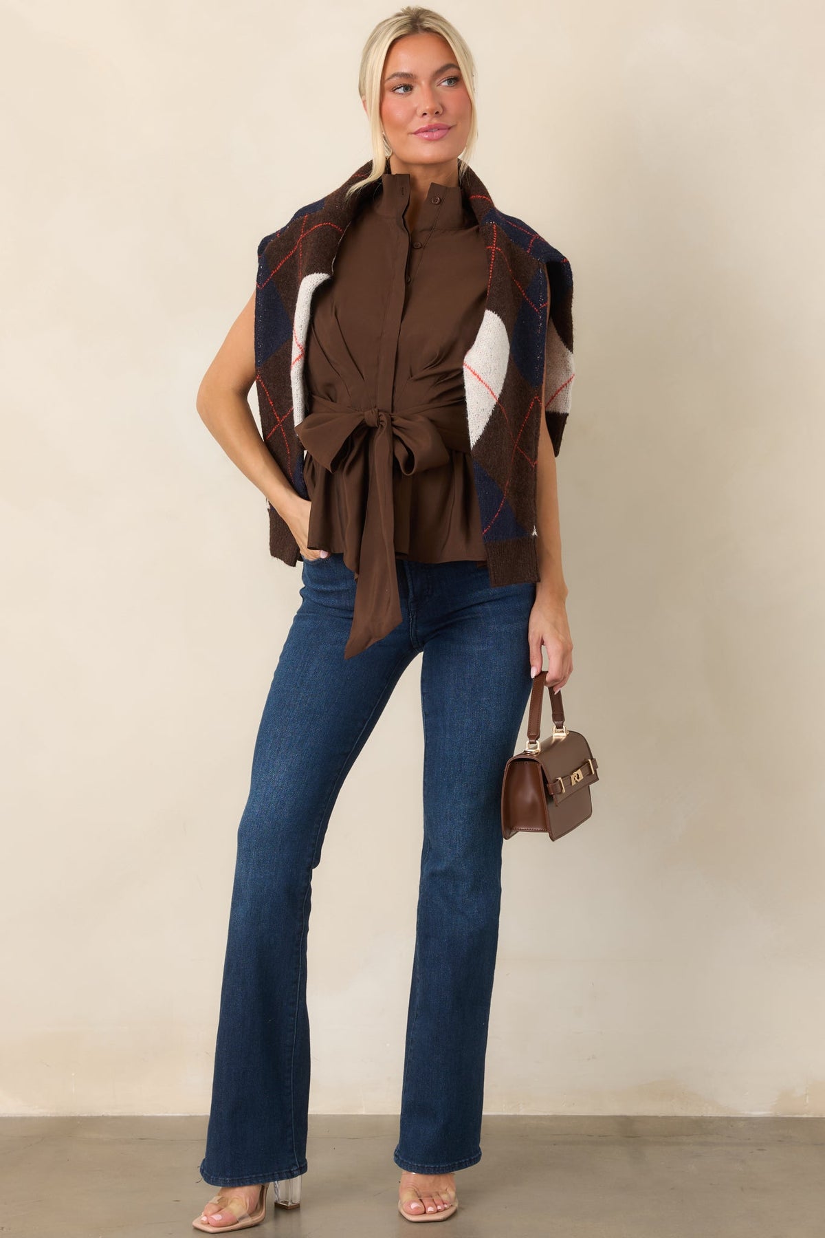 In Good Shape Chocolate Brown Sleeveless Tie Front Peplum Blouse