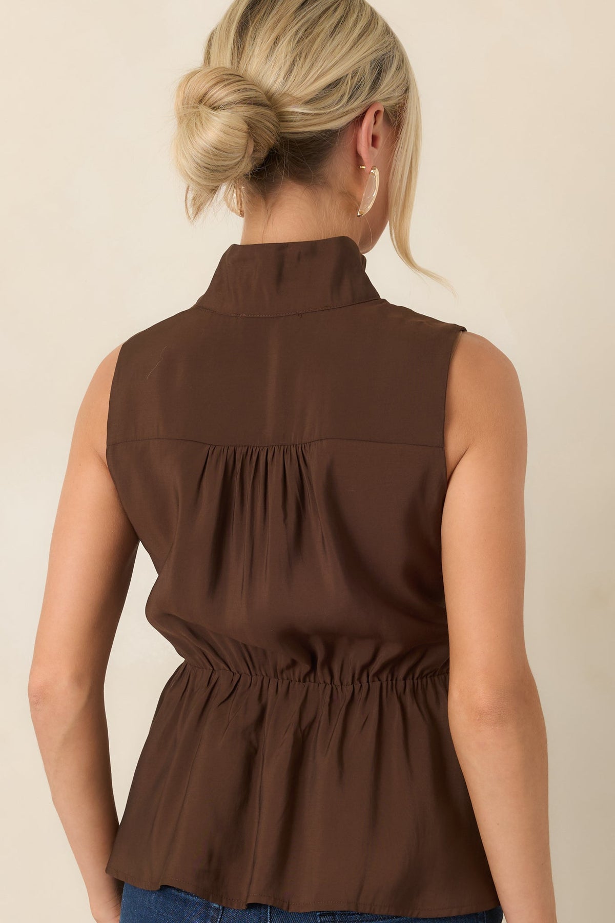 In Good Shape Chocolate Brown Sleeveless Tie Front Peplum Blouse