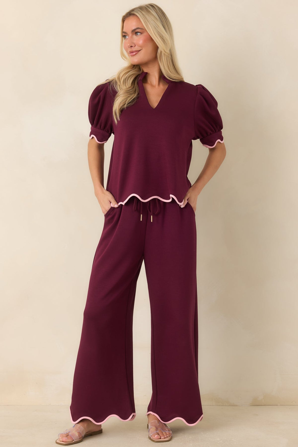On My Time Burgundy Scalloped Trim Top