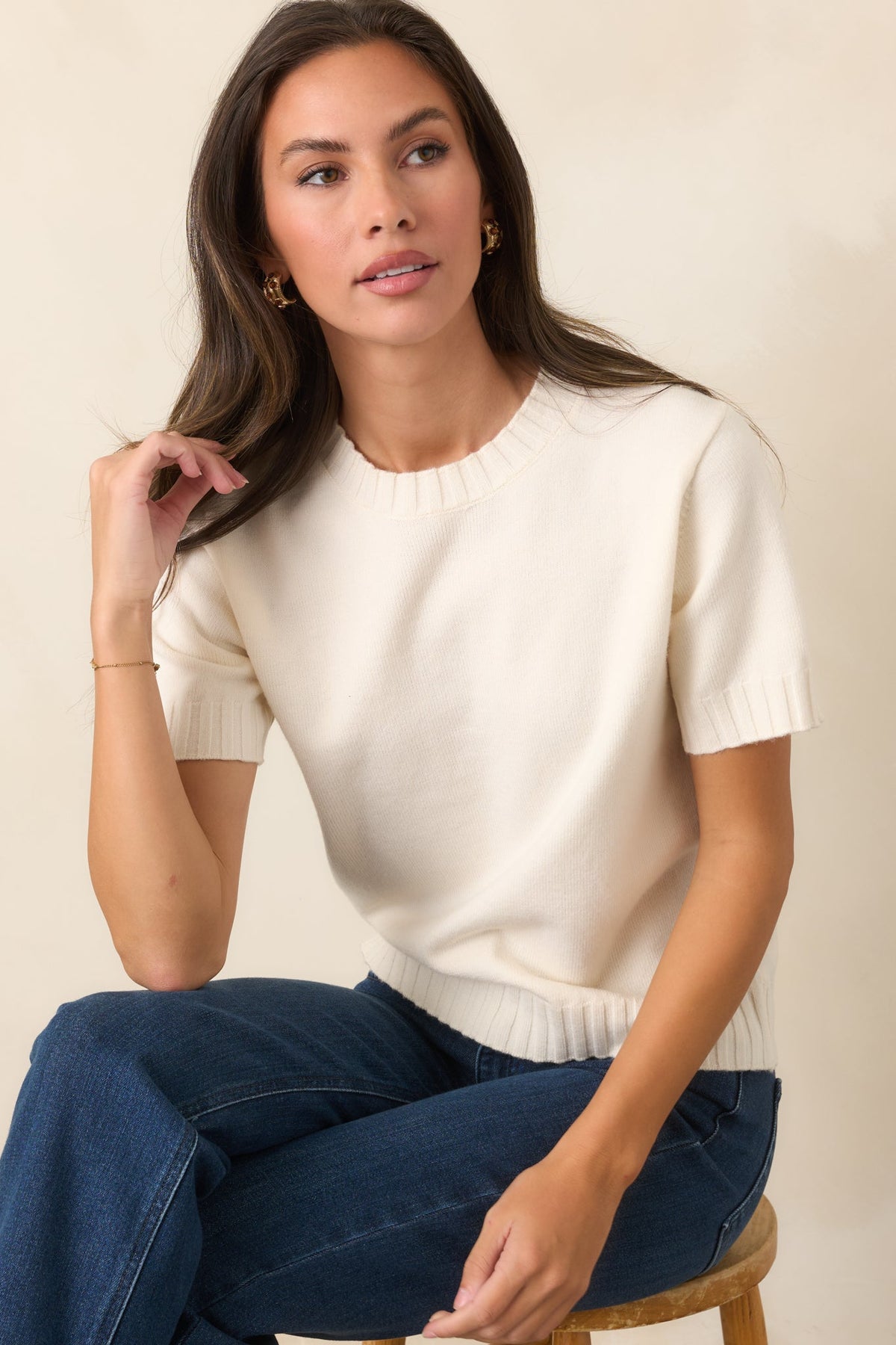 Astrid Maisie Ivory Knit Short Sleeve Sweater