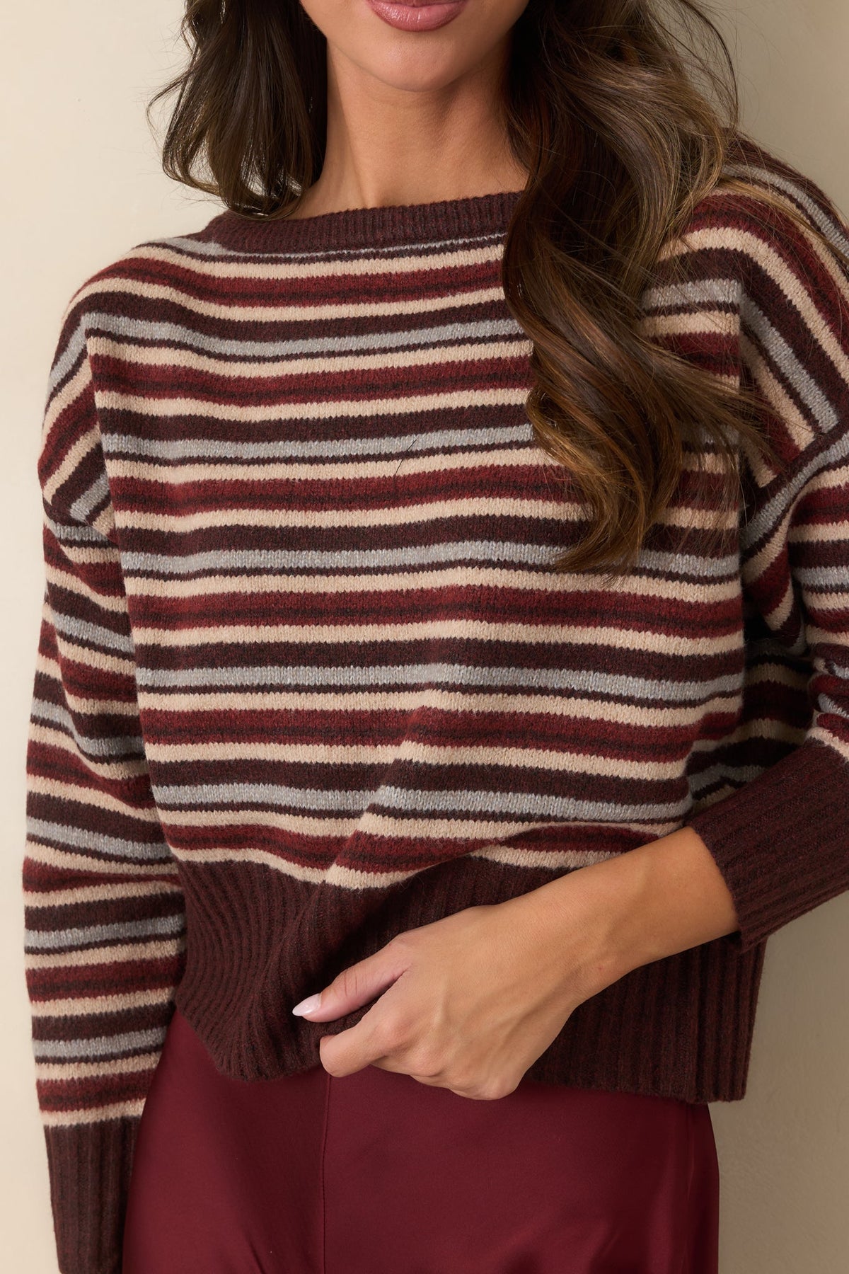 Somewhere Along the Lines Brown Multi Stripe Boat Neck Sweater