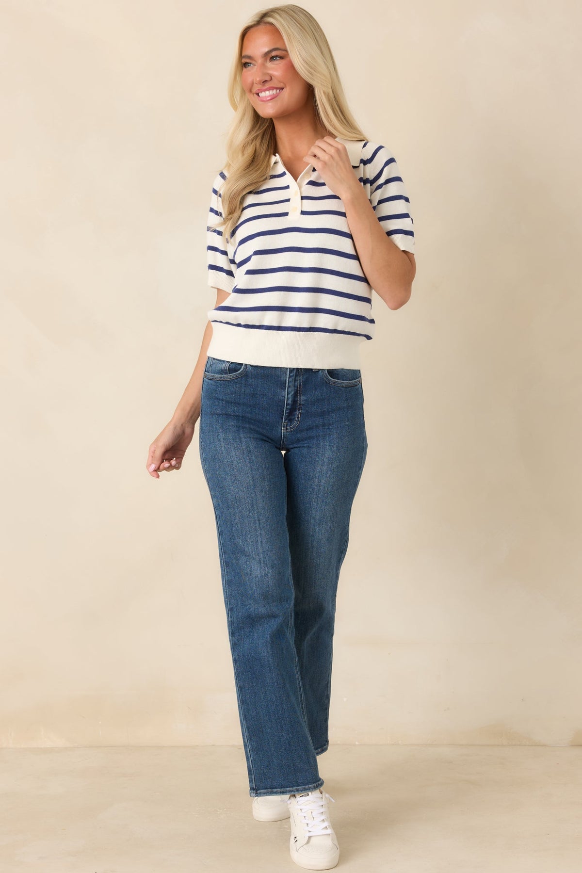 Worth Repeating Ivory & Navy Striped Knit Polo Top