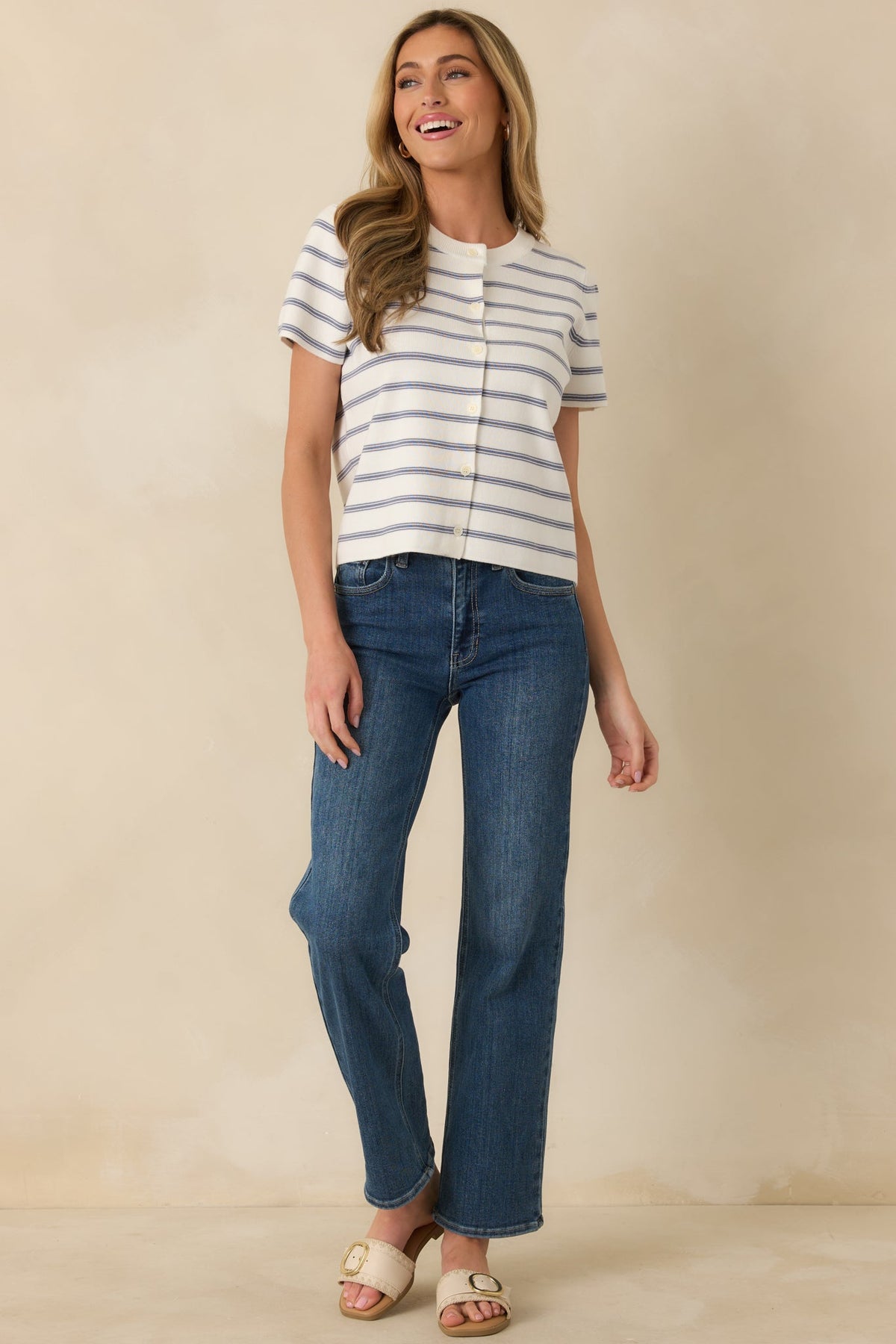 Casual Authority Navy Stripe Knit Button Front Short Sleeve Top