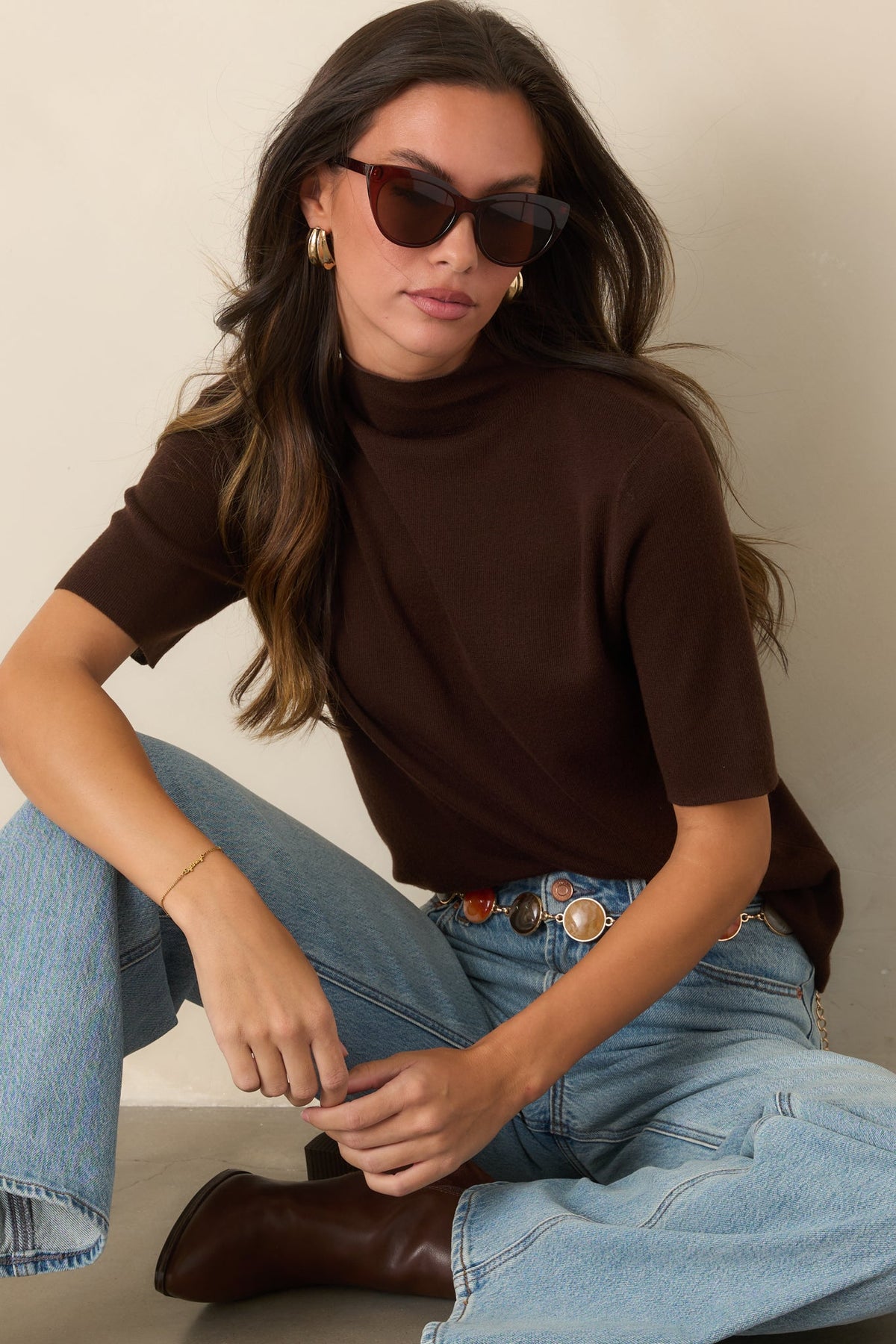 The Everyday Edit Brown Knit Turtleneck Short Sleeve Top