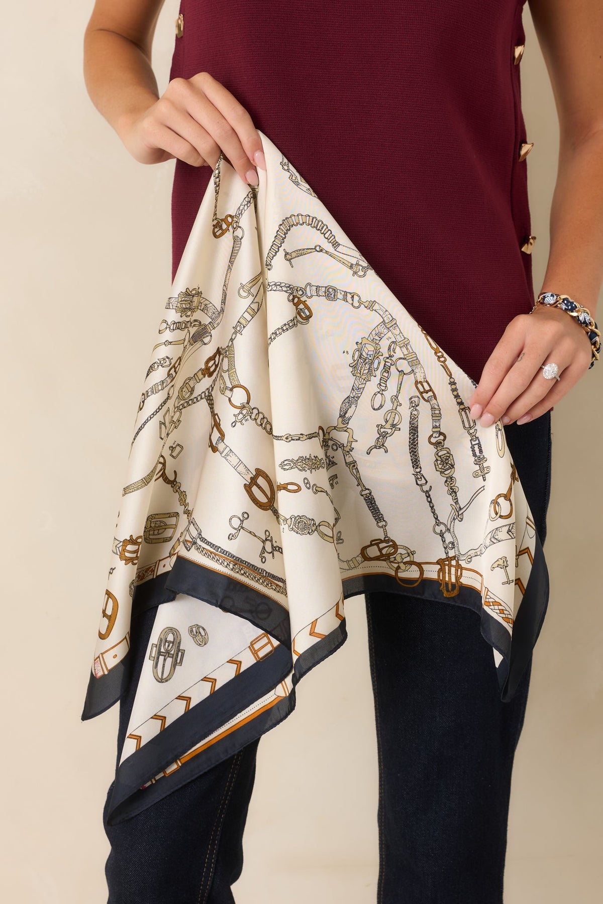 Linked in Style Ivory & Black Vintage Hardware Print Satin Scarf