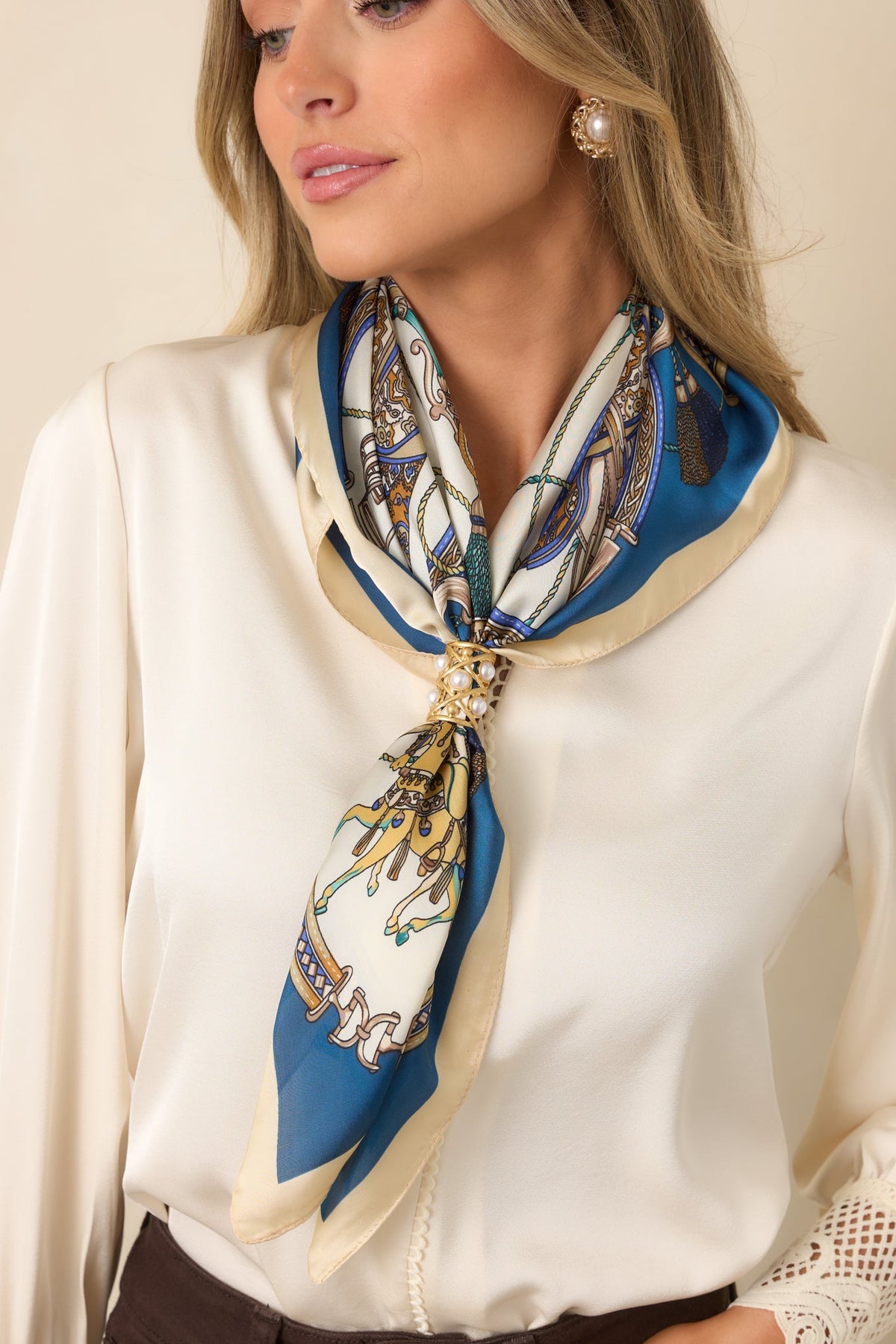 An Eye for Detail Blue Multi Equestrian Print Square Scarf