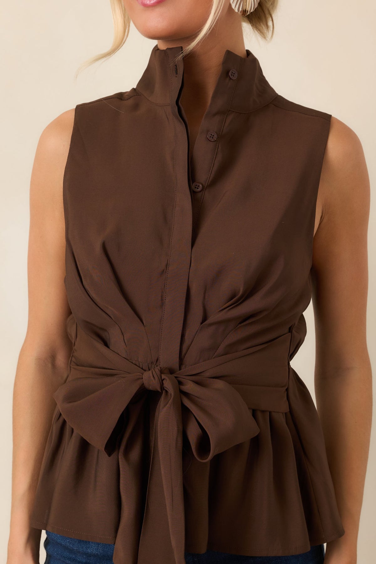 In Good Shape Chocolate Brown Sleeveless Tie Front Peplum Blouse