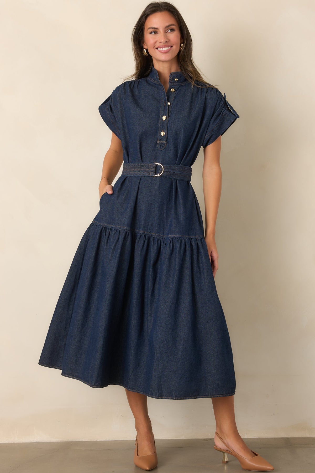 Moving With Confidence Dark Wash Tiered Denim Midi Dress