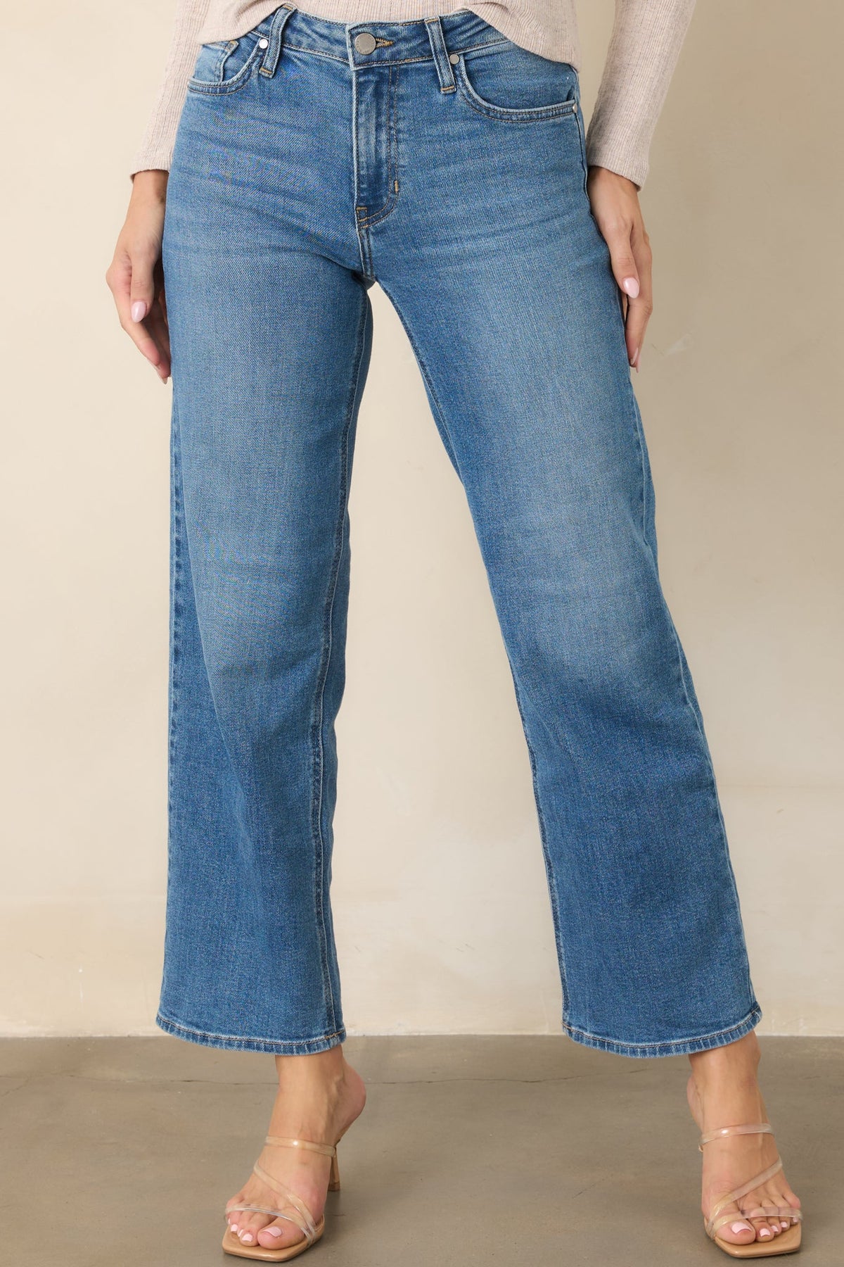 Good From Here Medium Wash Mid Rise Slim Wide Leg Jeans