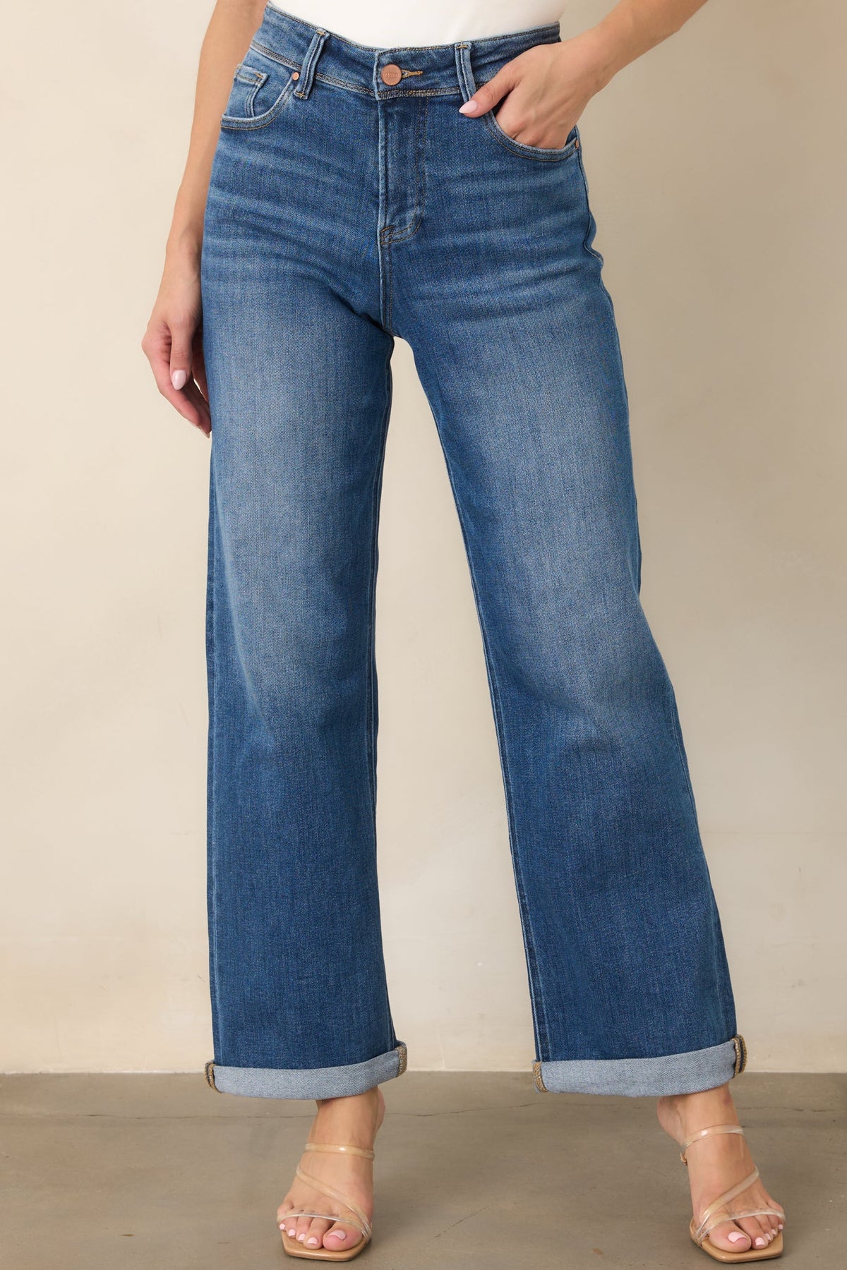 Let's Roll Medium Wash High Rise Cuffed Straight Leg Jeans