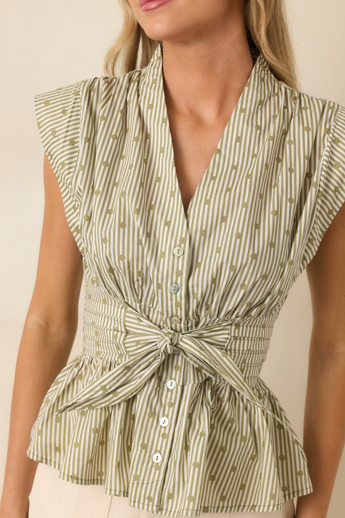 Well Read Olive Green Stripe & Dot Print Cotton Tie Waist Blouse