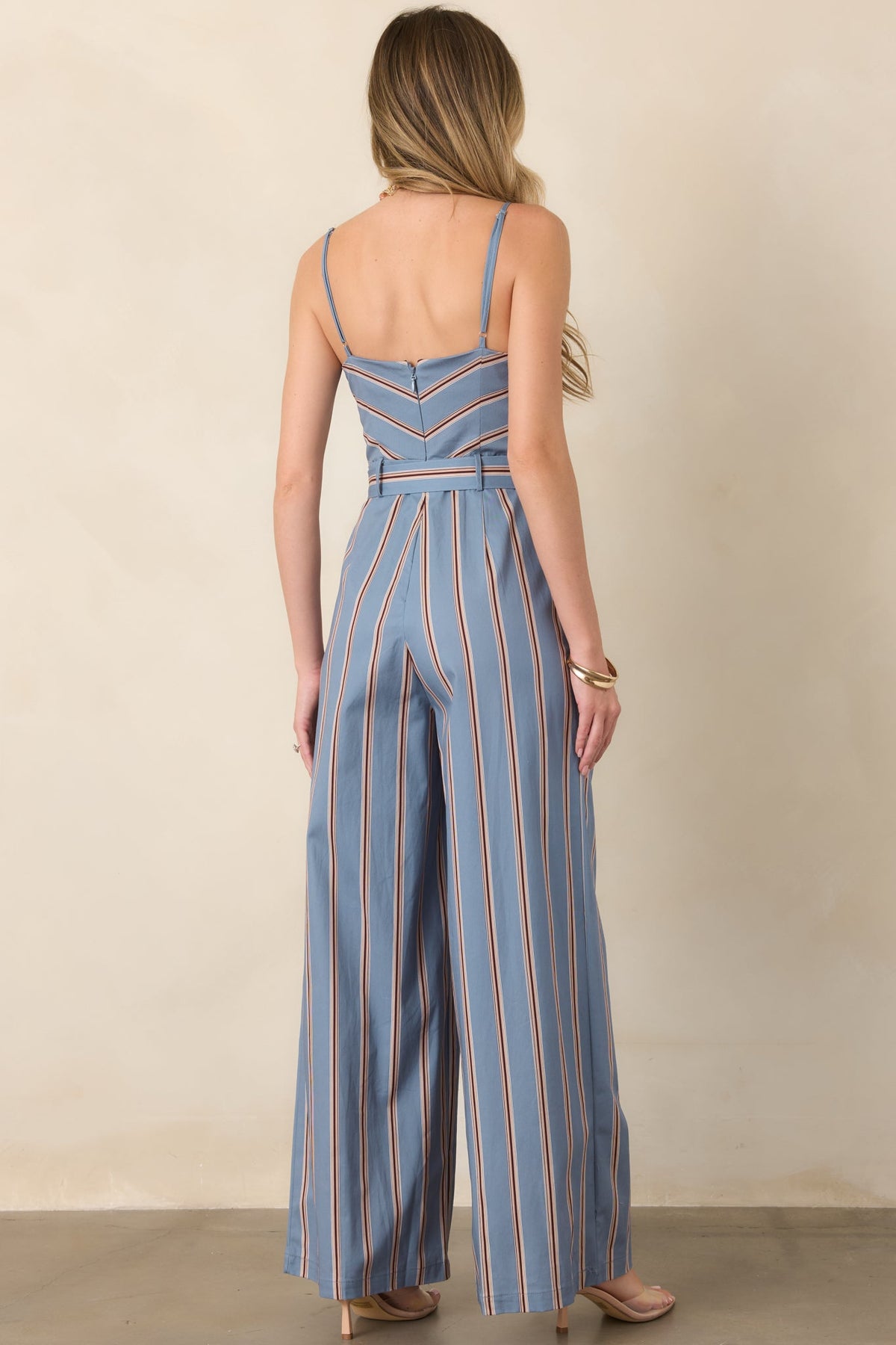 Making Strides Dusty Blue & Brown Stripe Cotton Belted Jumpsuit