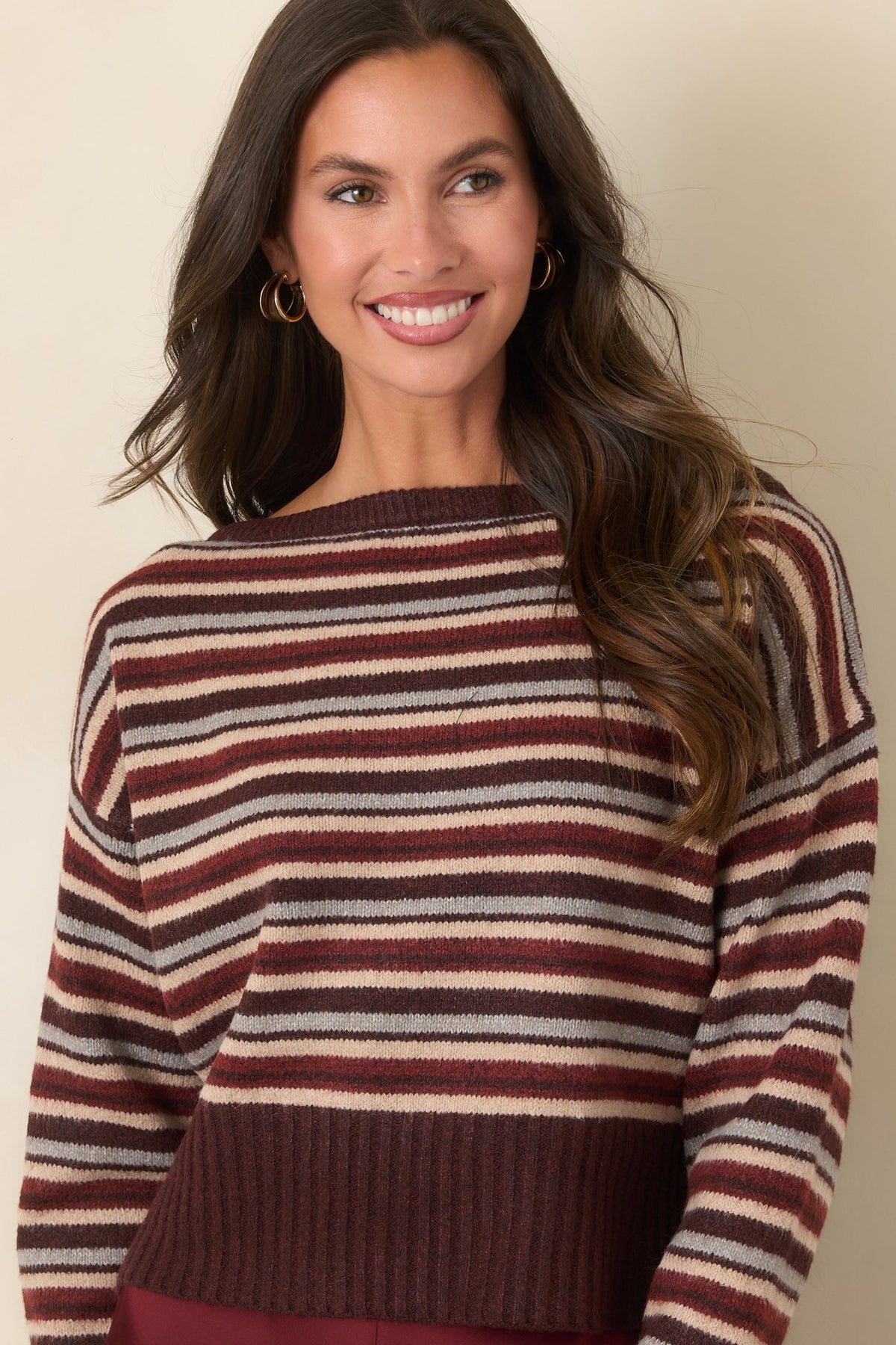 Somewhere Along the Lines Brown Multi Stripe Boat Neck Sweater