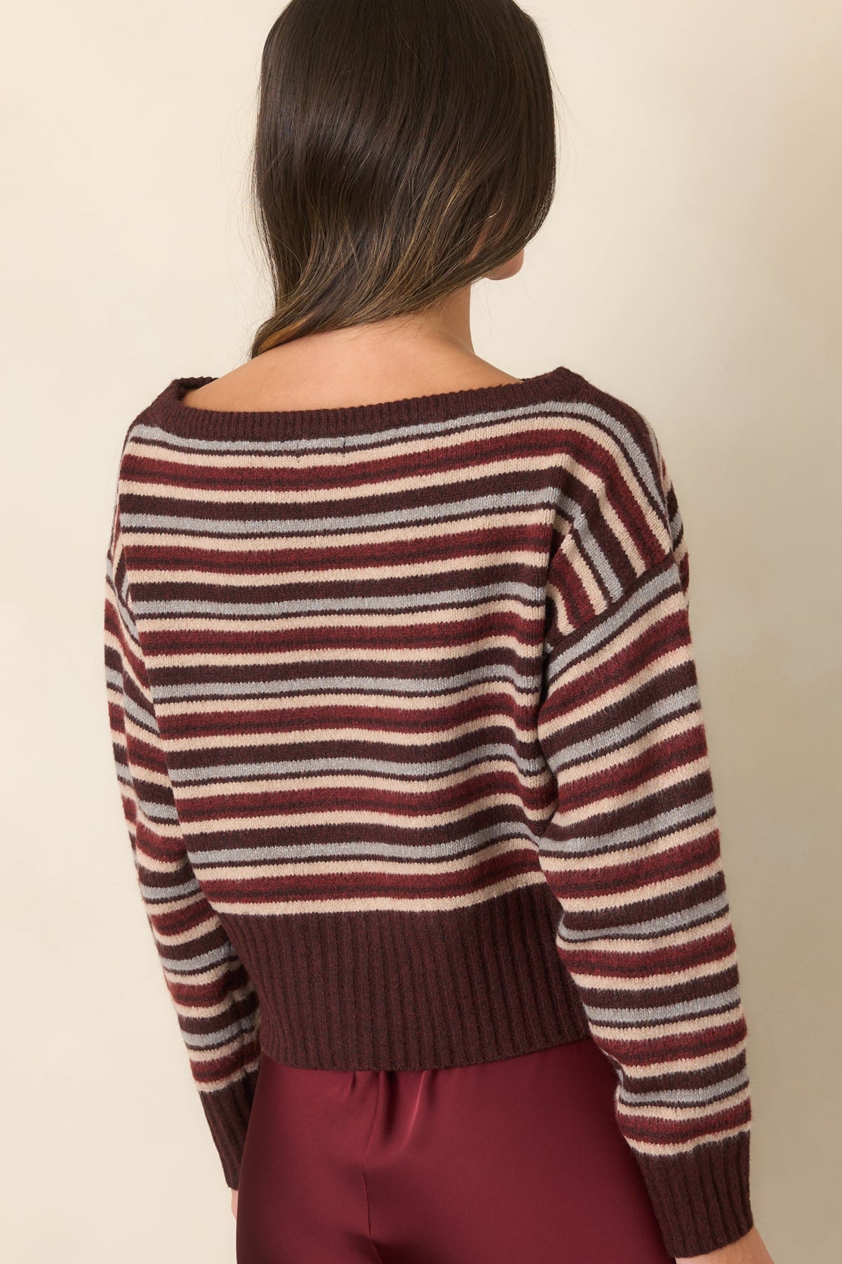 Somewhere Along the Lines Brown Multi Stripe Boat Neck Sweater