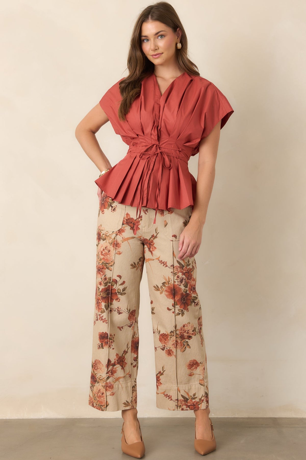 Naturally Speaking Taupe & Rust Floral Cotton Wide Leg Pants