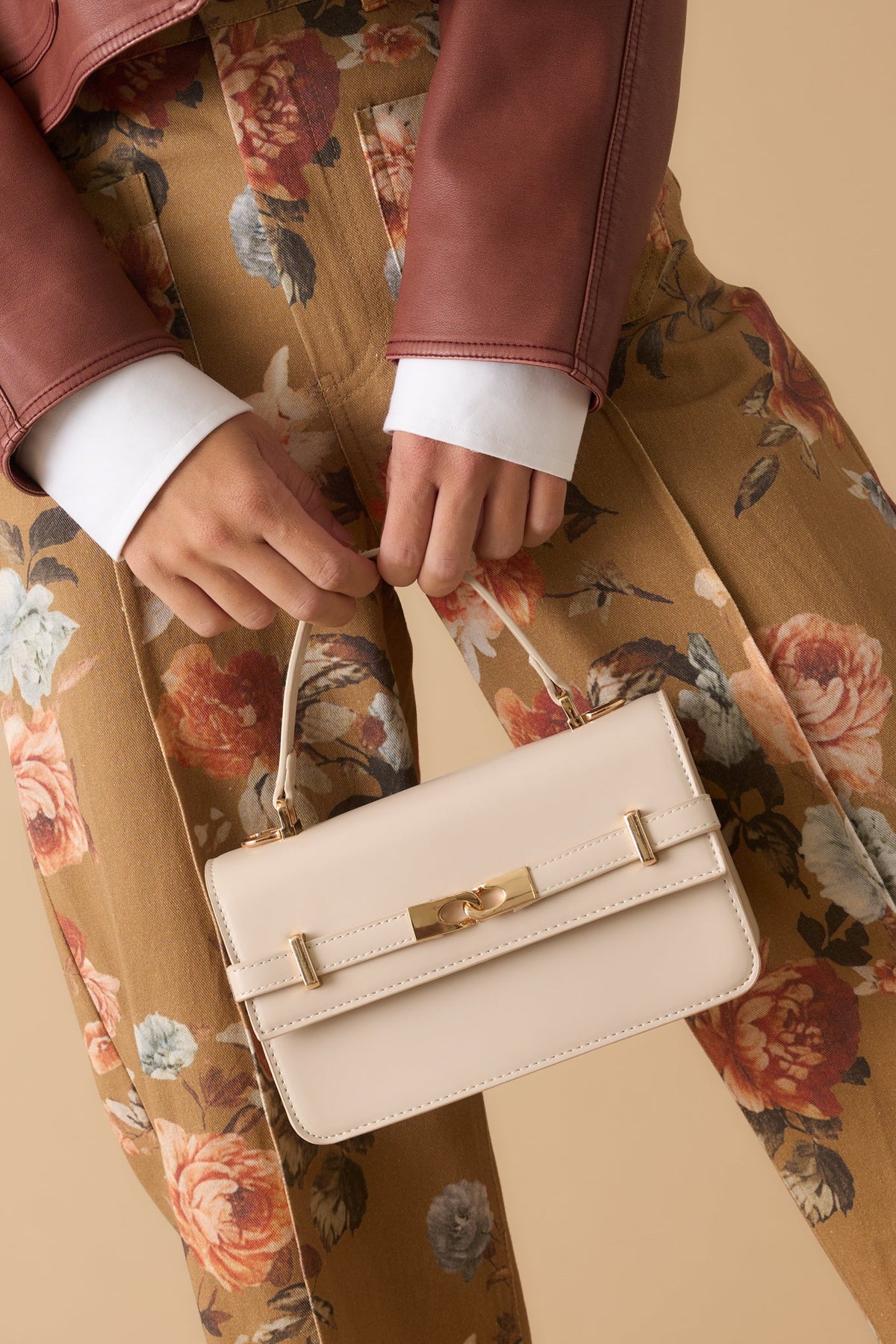 Carry On Your Way Ivory Faux Leather Top Handle Bag