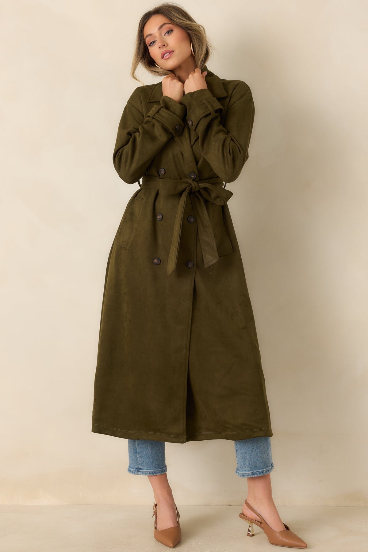 An Air of Intrigue Olive Green Faux Suede Trench Coat