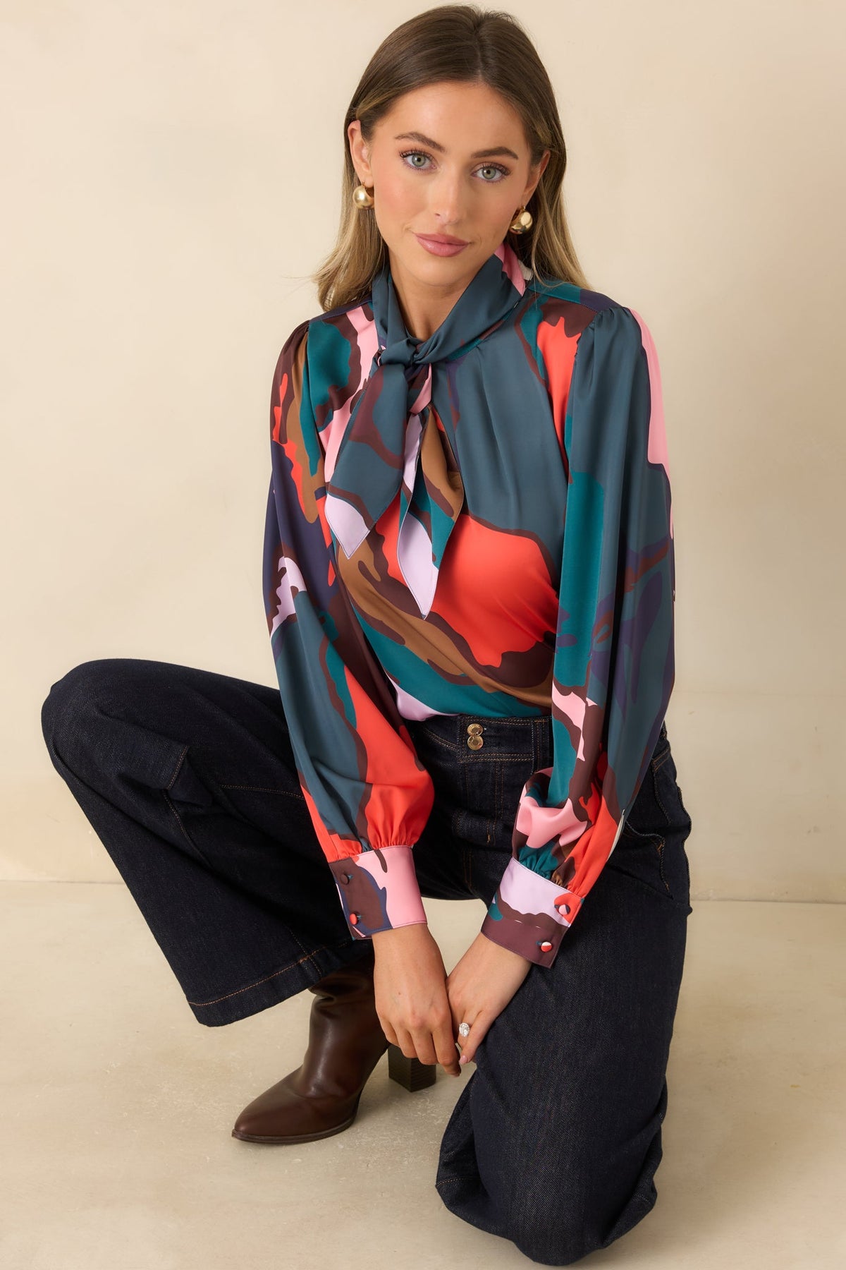 CROSBY Estelle Teal Multi Abstract Leaf Print Tie Neck Blouse