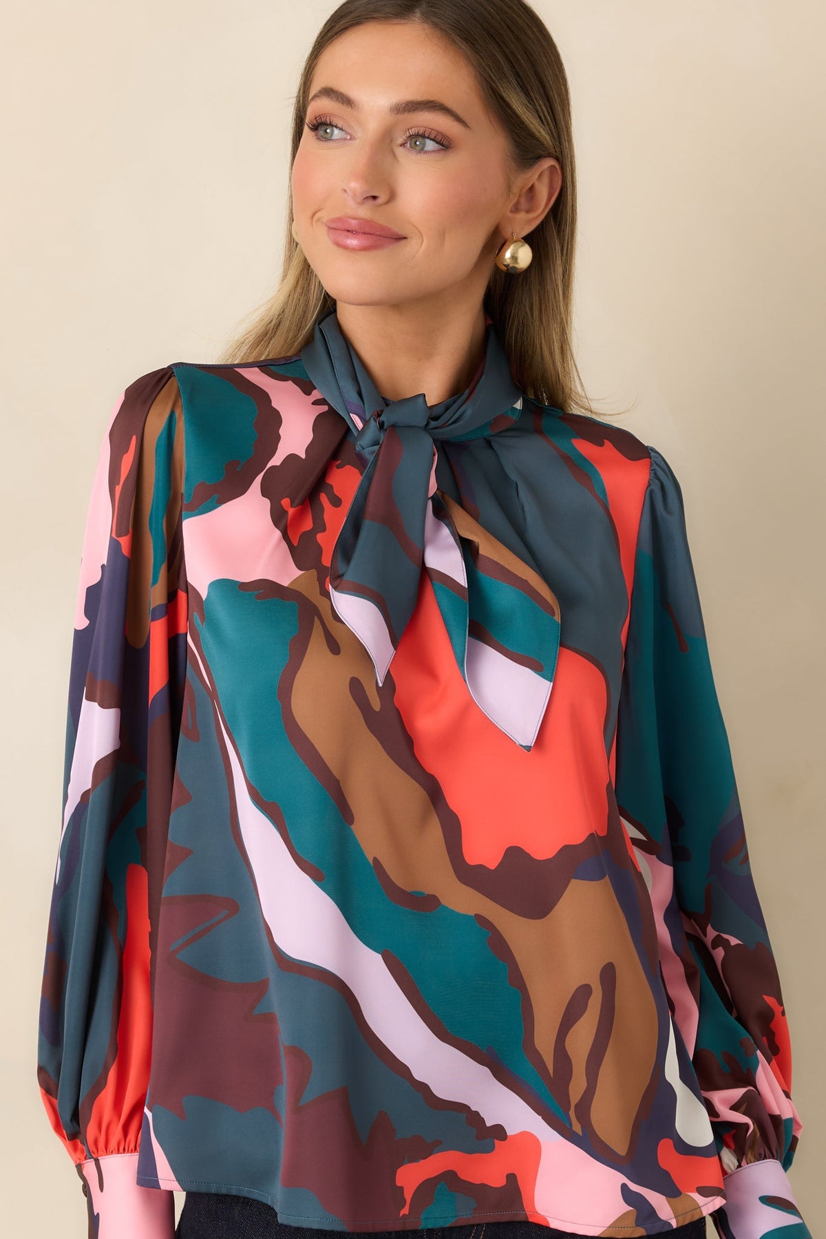 CROSBY Estelle Teal Multi Abstract Leaf Print Tie Neck Blouse