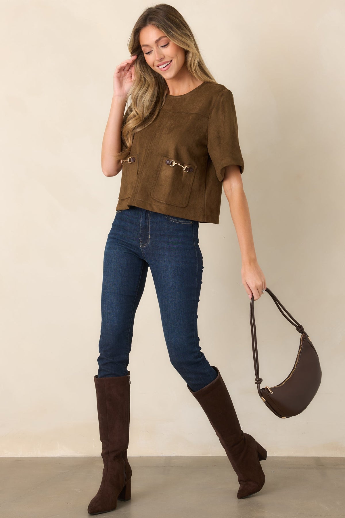Take the Reins Brown Suede Short Sleeve Pocket Top