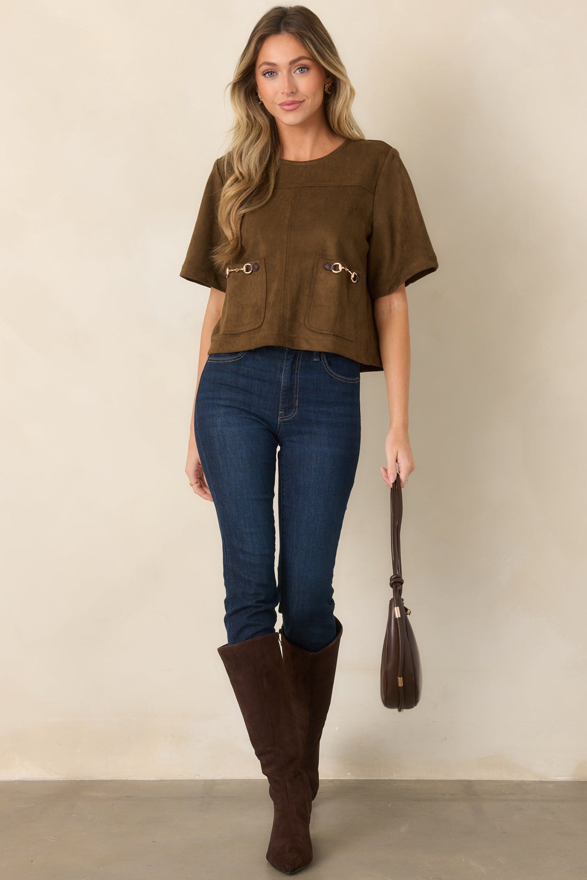 Take the Reins Brown Suede Short Sleeve Pocket Top