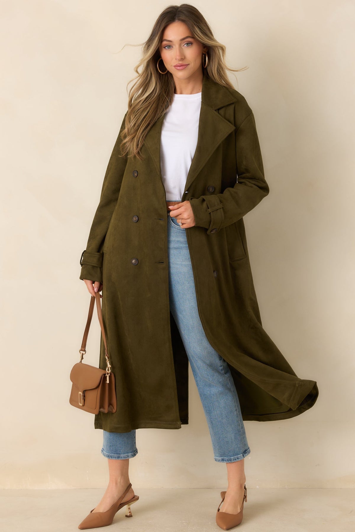 An Air of Intrigue Olive Green Faux Suede Trench Coat