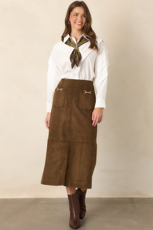 Rein Check Brown Suede Midi Skirt