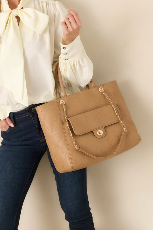 Let’s Make a Day of It Tan Quilted Chain Strap Tote