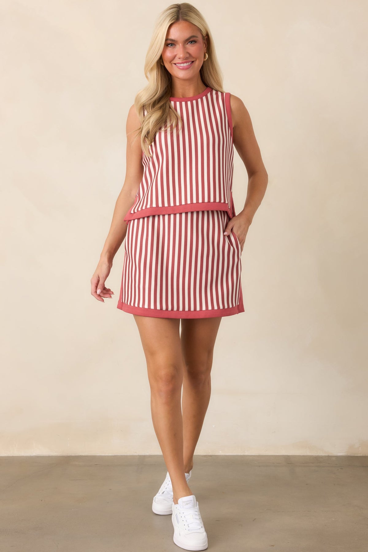 In the Lineup Terracotta & Ivory Stripe Mini Skort