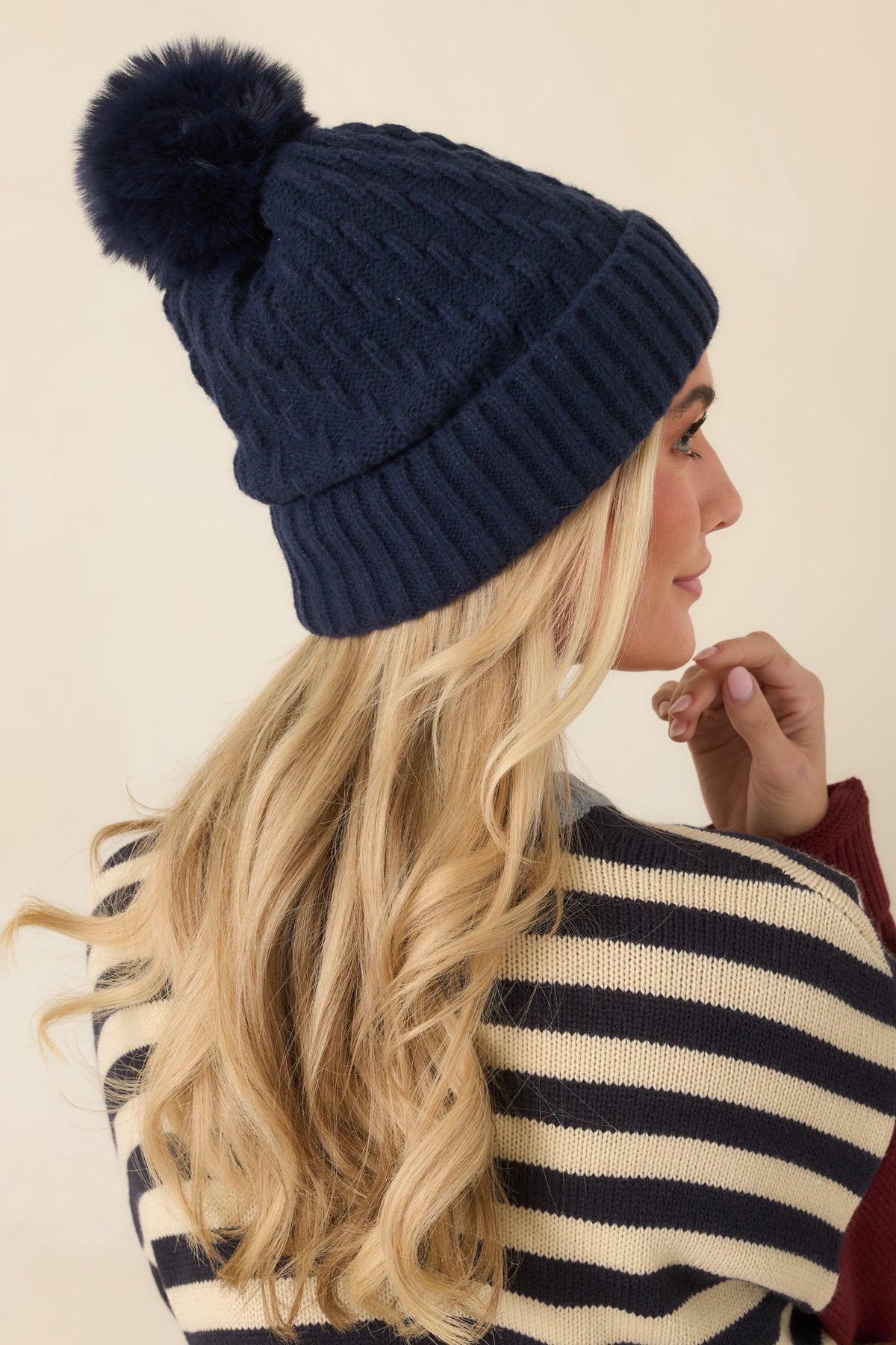 Stay Cozy, Cutie Navy Cable Knit Pom Beanie