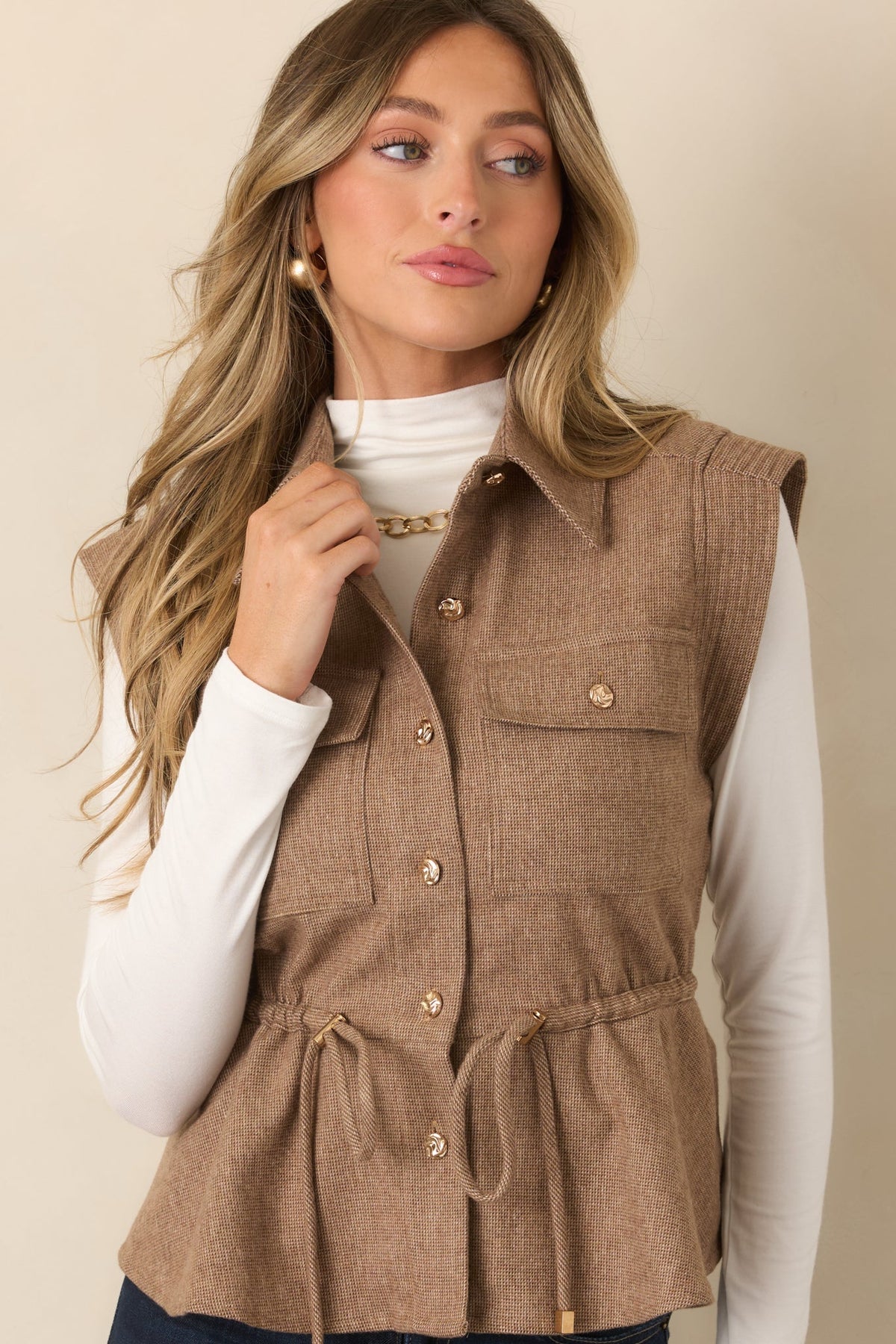 Nothing Short of Chic Taupe Drawstring Waist Button Front Vest