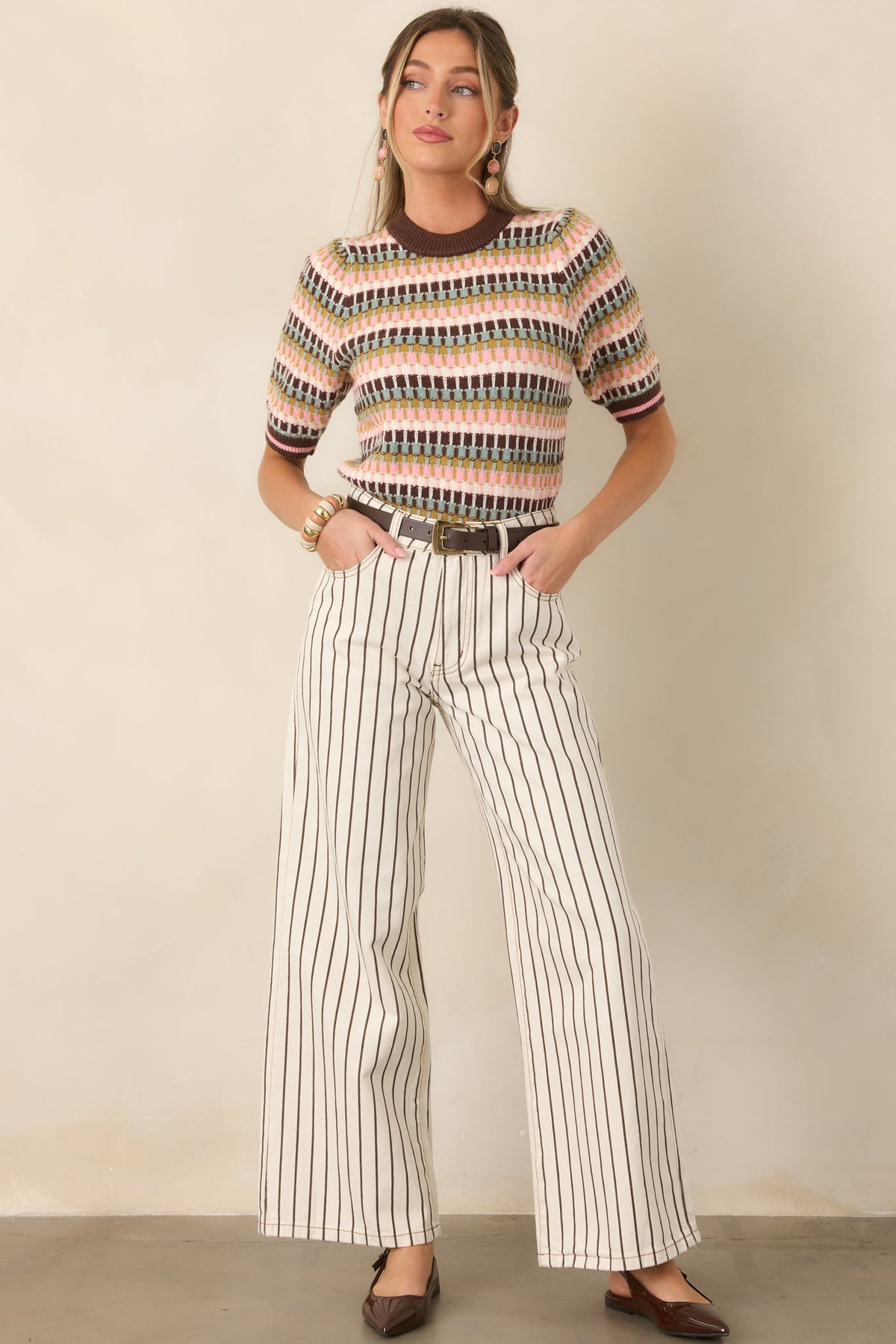 Making the Grade Brown Multi Short Sleeve Knit Sweater