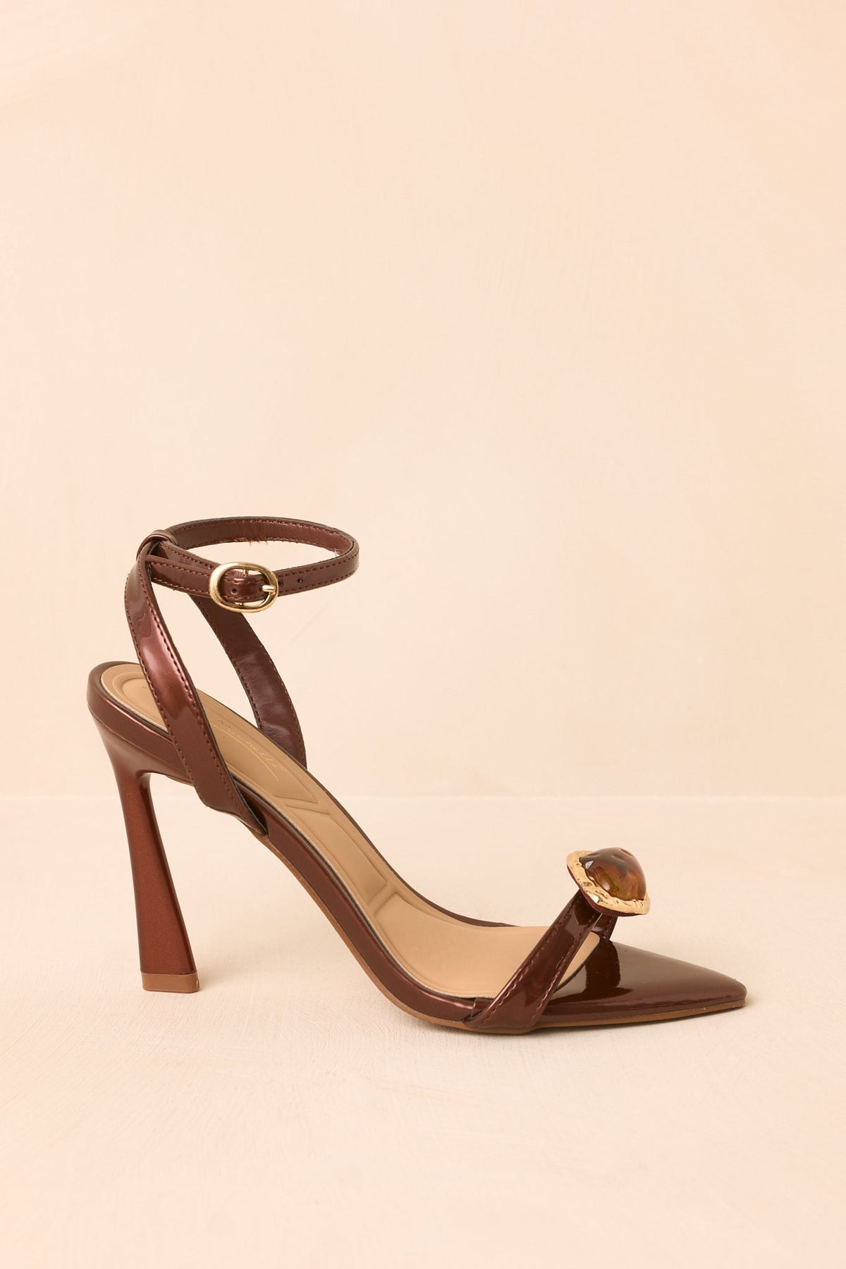 Stepping It Up Topaz Brown Patent Jeweled Ankle Strap Heels