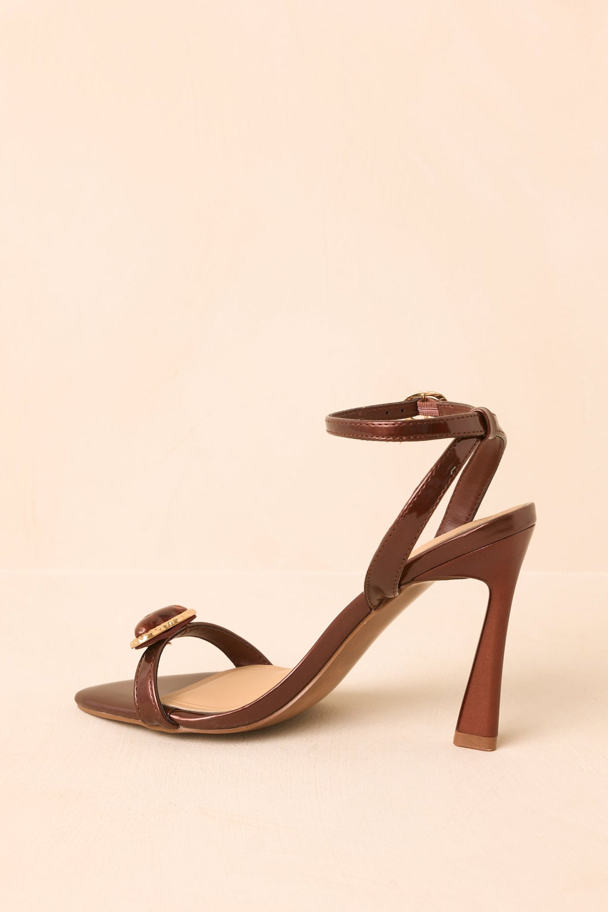 Stepping It Up Topaz Brown Patent Jeweled Ankle Strap Heels