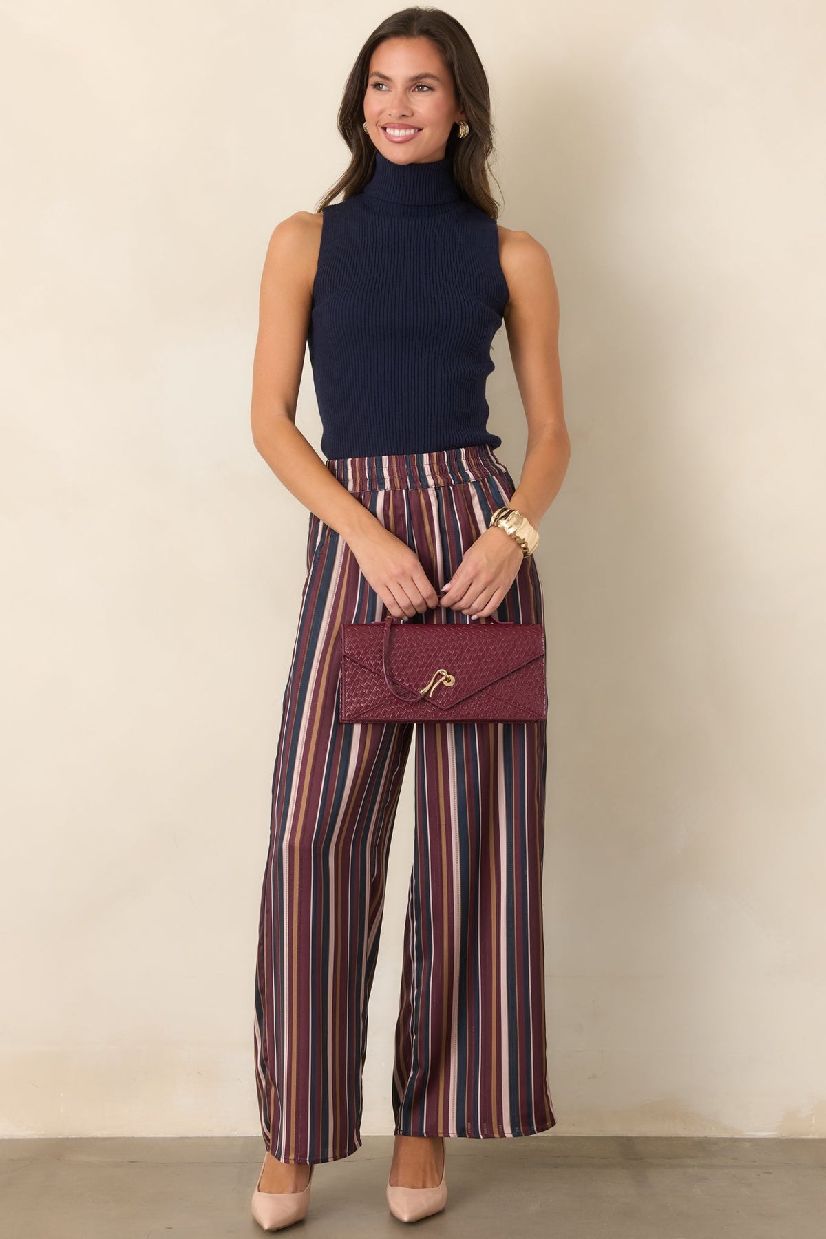 We’re on the Same Page Burgundy Purple Multi Stripe Satin Wide Leg Pants