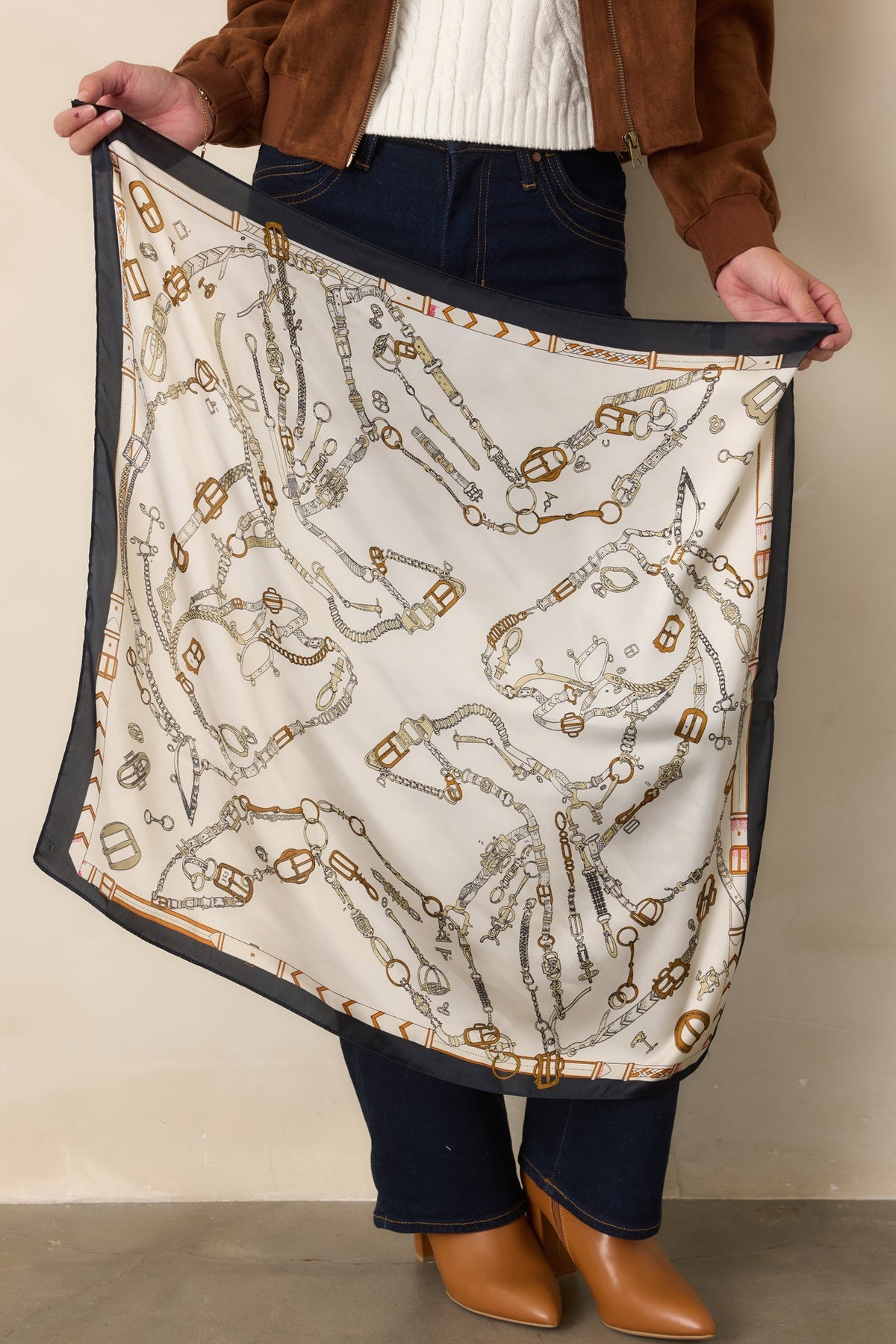 Linked in Style Ivory & Black Vintage Hardware Print Satin Scarf
