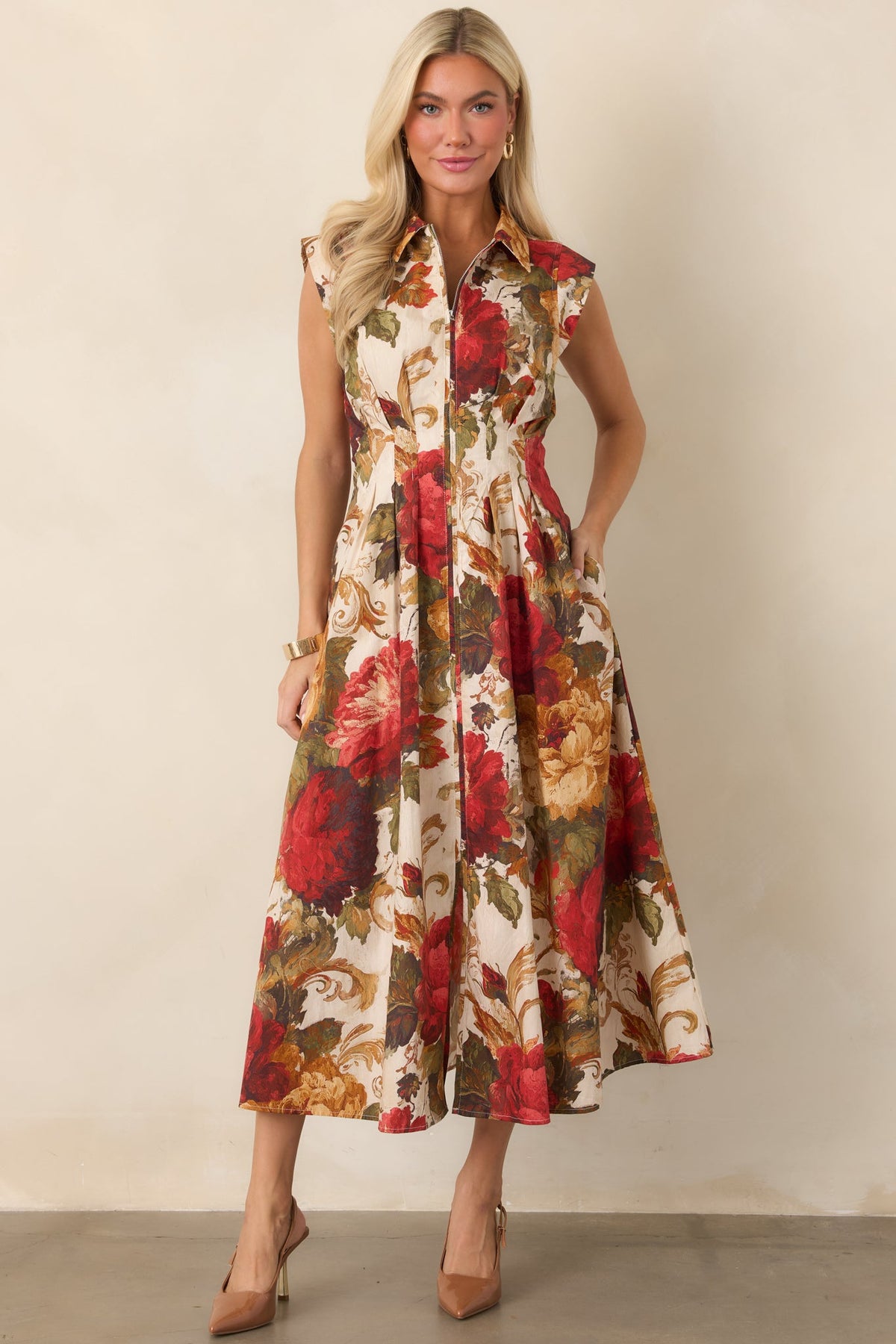 Garden Whispers Ivory & Red Floral Cotton Zip Front Midi Dress