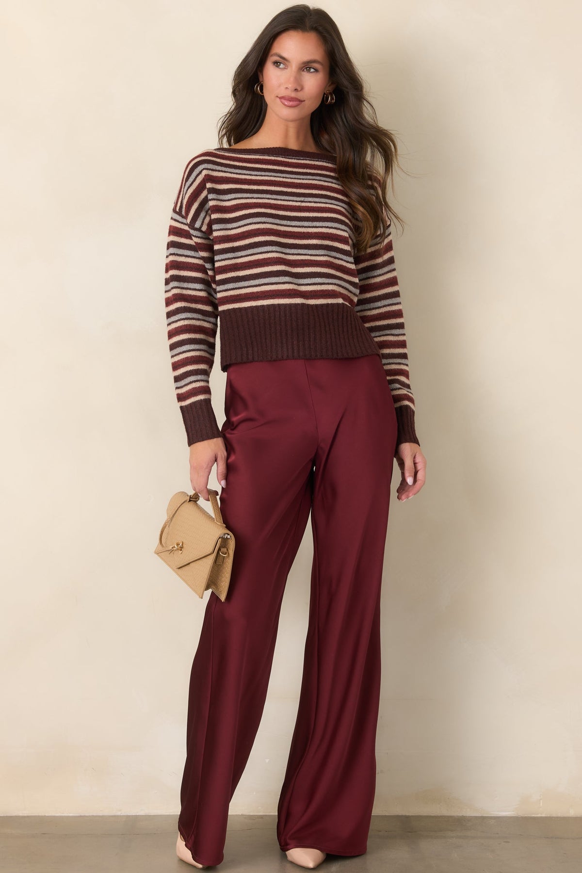 Somewhere Along the Lines Brown Multi Stripe Boat Neck Sweater